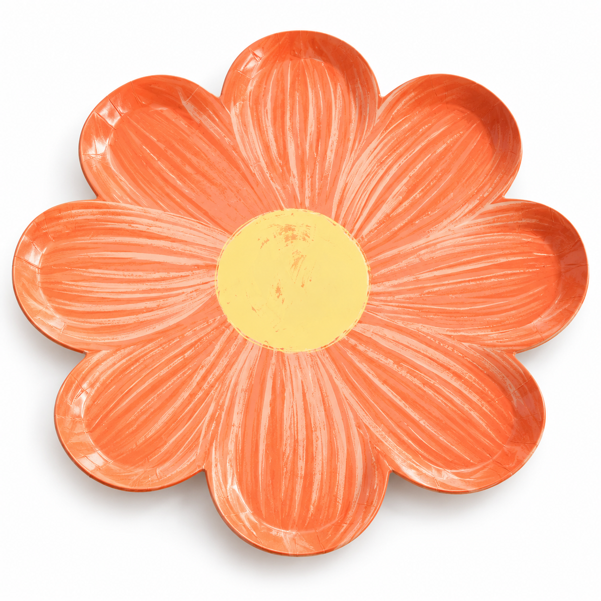 Orange eight-petal flower-shaped paper party plate, single-color variant.