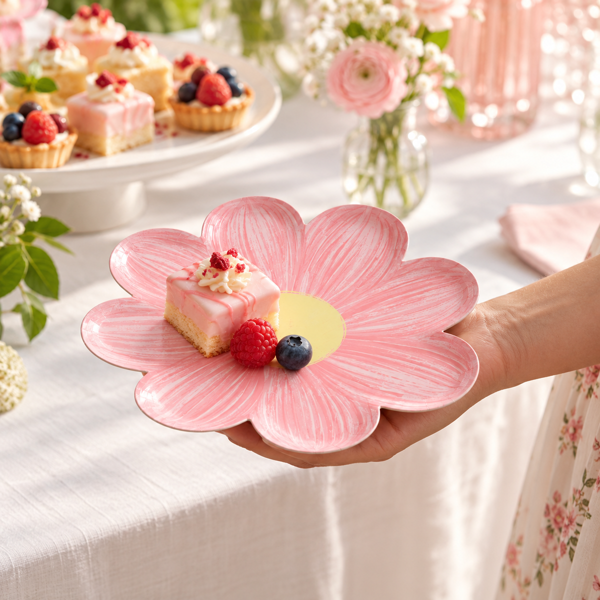 Hand-supported light pink flower paper plate with a small cake and berries at a party buffet. Food, tableware and decor are styling props and are not included.