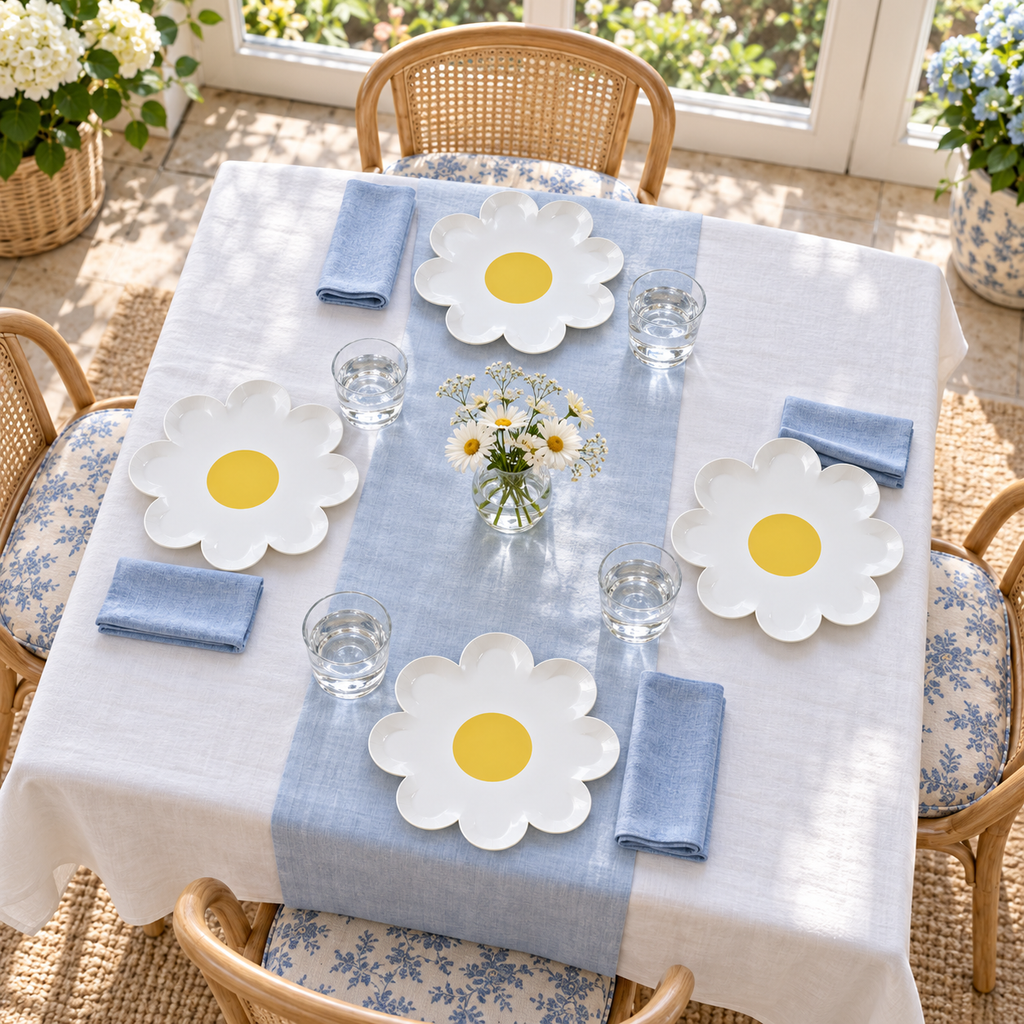 Four matching white flower paper plates on a blue-and-white celebration table. Food, tableware and decor are styling props and are not included.