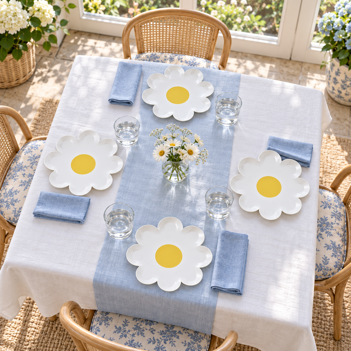 Four matching white flower paper plates on a blue-and-white celebration table. Food, tableware and decor are styling props and are not included.