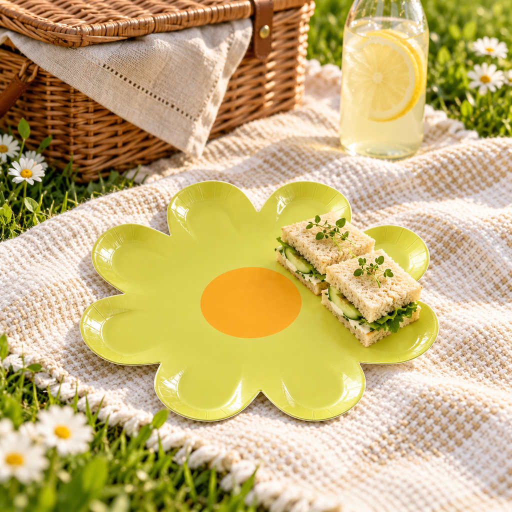 Yellow flower paper plate with two small sandwiches on an outdoor picnic blanket. Food, tableware and decor are styling props and are not included.