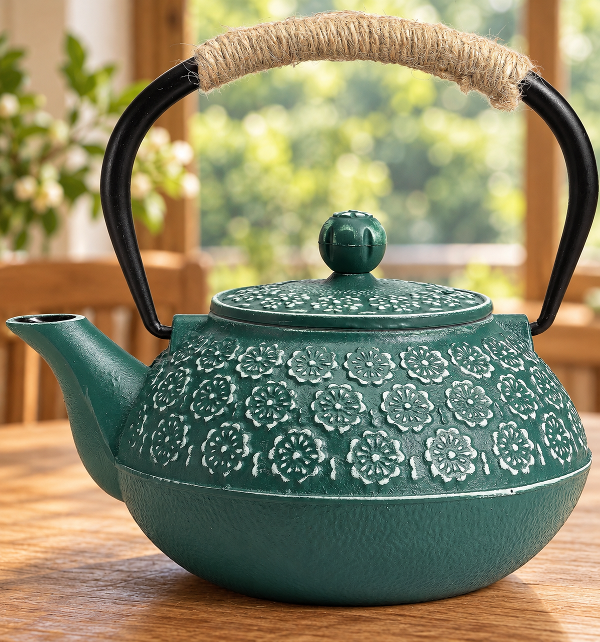 Dark green floral-relief teapot with rope-wrapped handle on a wooden table by a garden window