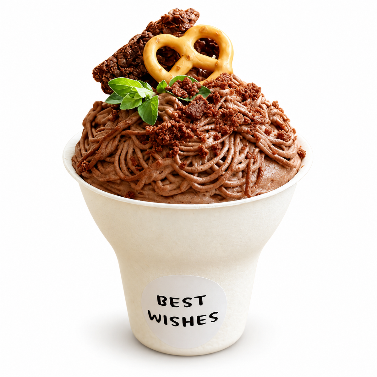Chocolate dessert styled in an off-white paper dessert cup with a white BEST WISHES sticker on a white background.