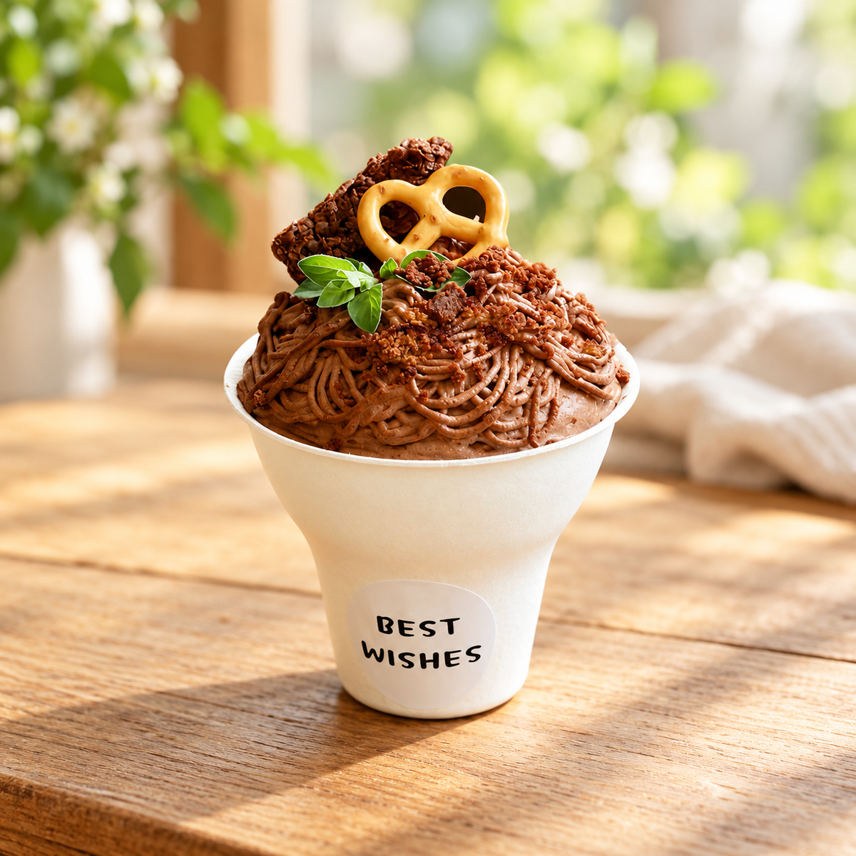 Off-white paper dessert cup with a white BEST WISHES sticker, styled with chocolate dessert on a sunlit wooden table.
