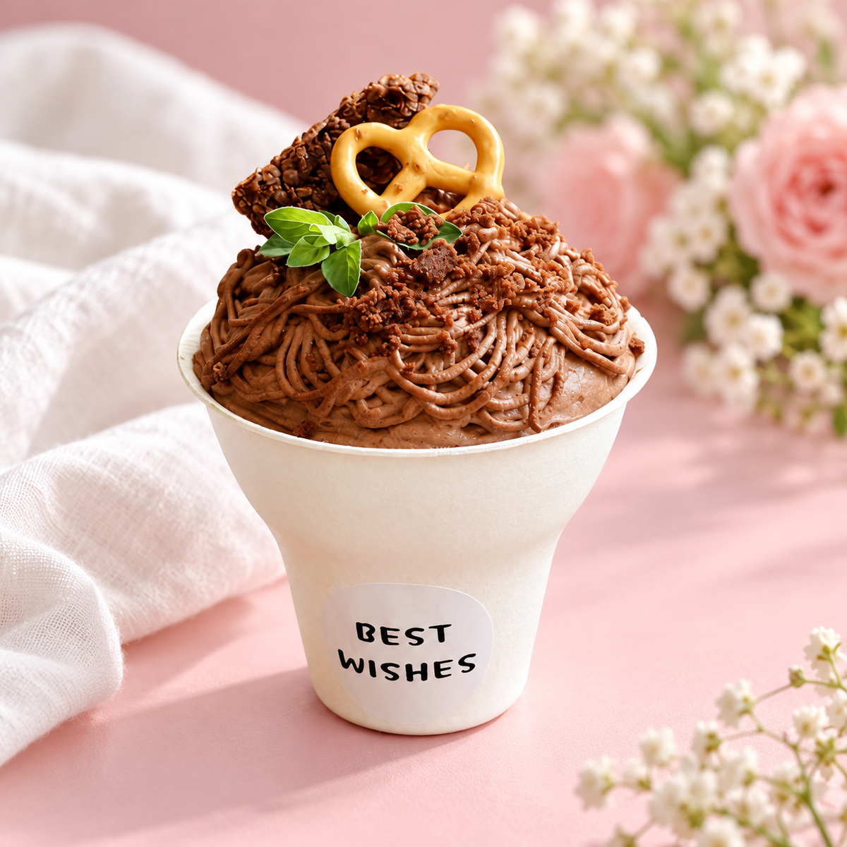 Paper dessert cup with a white BEST WISHES sticker and chocolate dessert on a pink-and-white table setting.