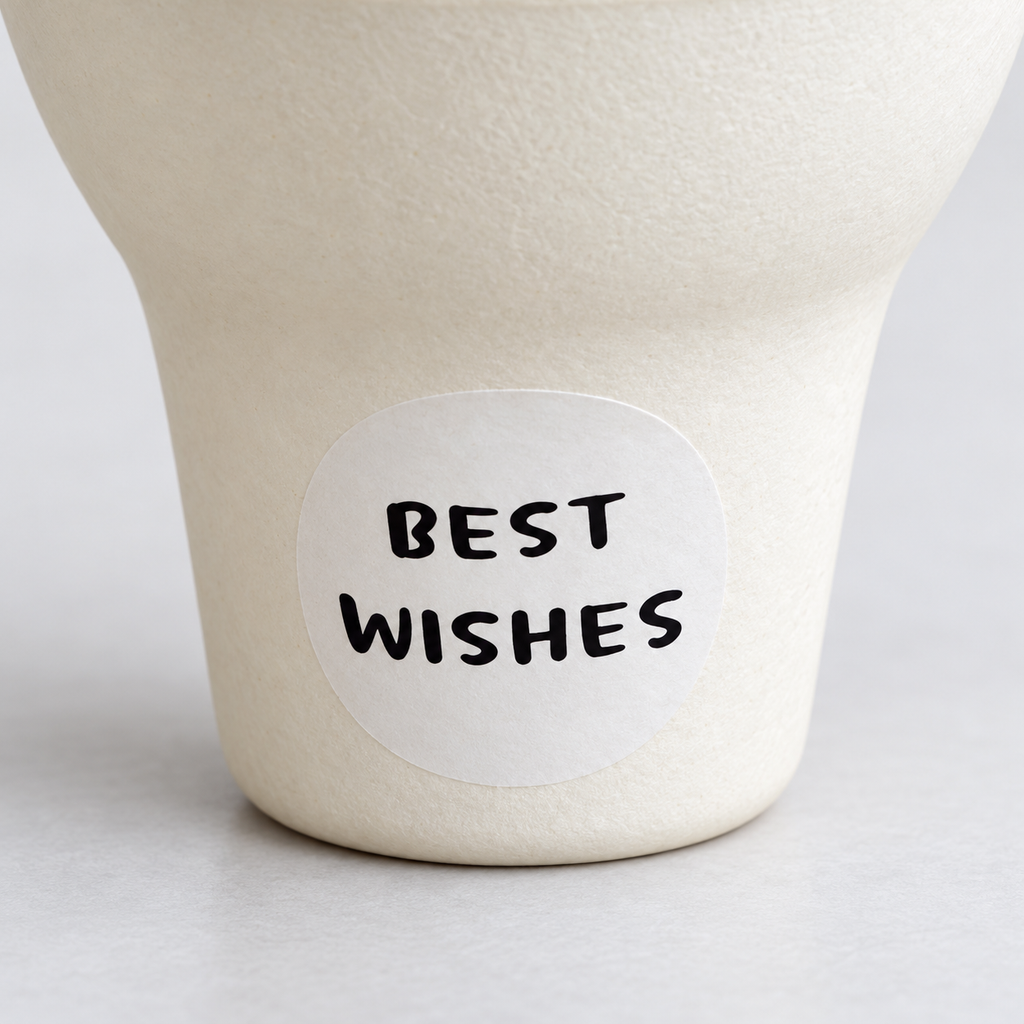 Close-up of the white BEST WISHES sticker, curved paper cup exterior and rounded base.