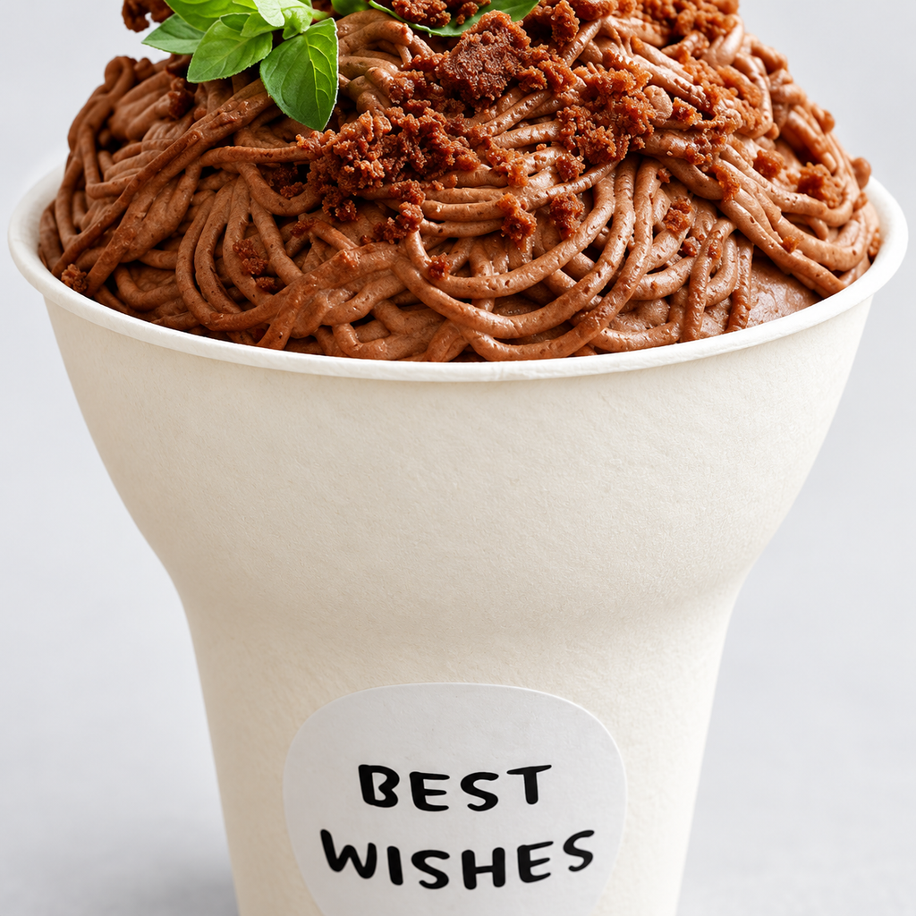 Close-up of the paper dessert cup's thin flared rim and broad curved bowl with a chocolate dessert styling.