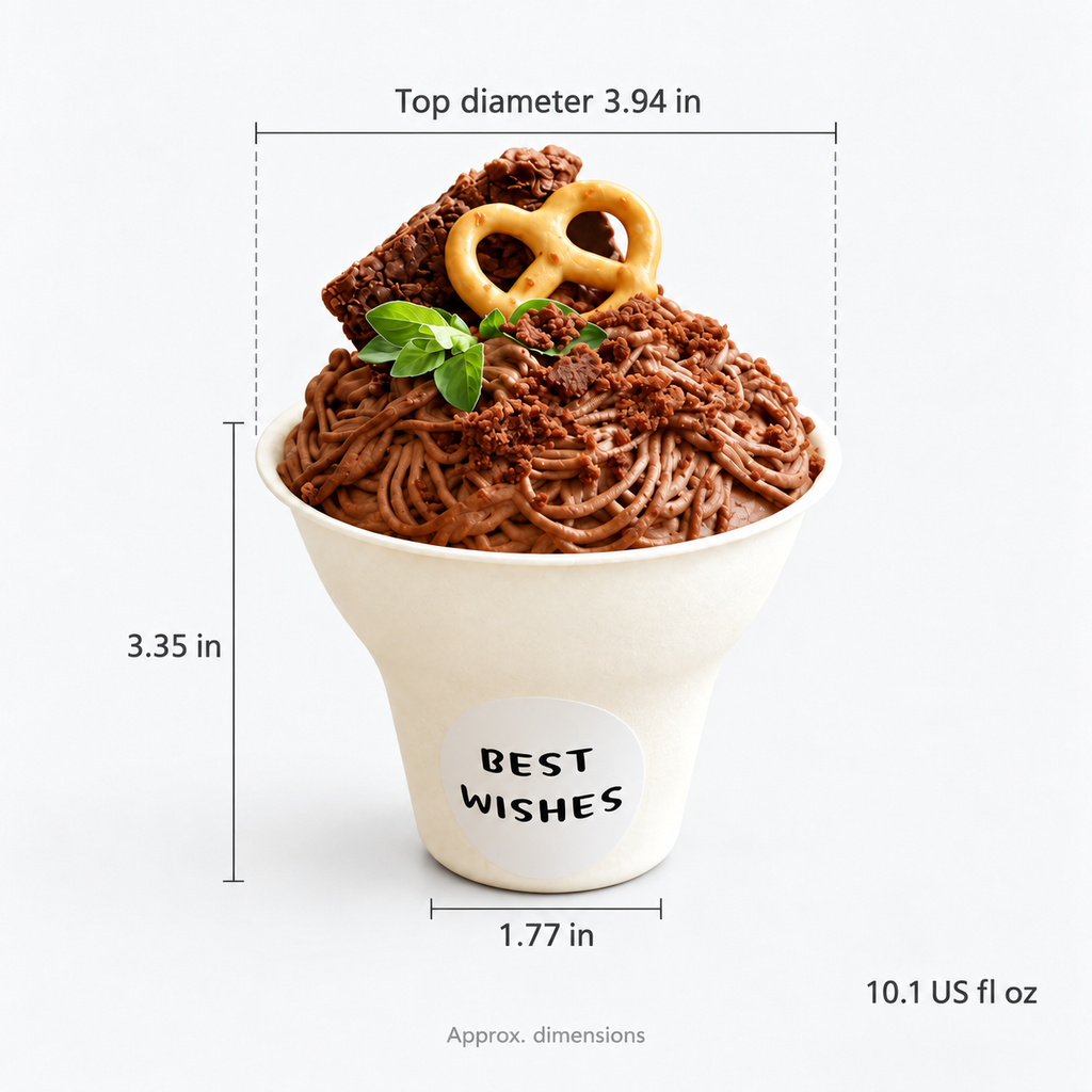 Paper dessert cup approximate dimensions: 3.94 in top diameter, 1.77 in base diameter, 3.35 in height, and 10.1 US fl oz capacity.