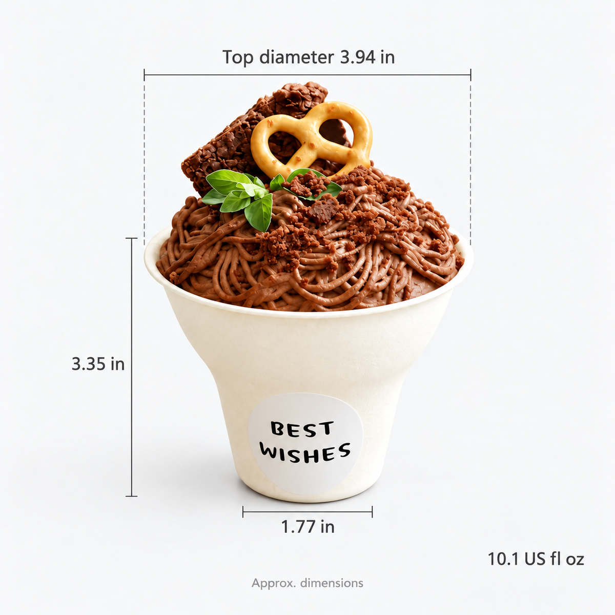 Paper dessert cup approximate dimensions: 3.94 in top diameter, 1.77 in base diameter, 3.35 in height, and 10.1 US fl oz capacity.