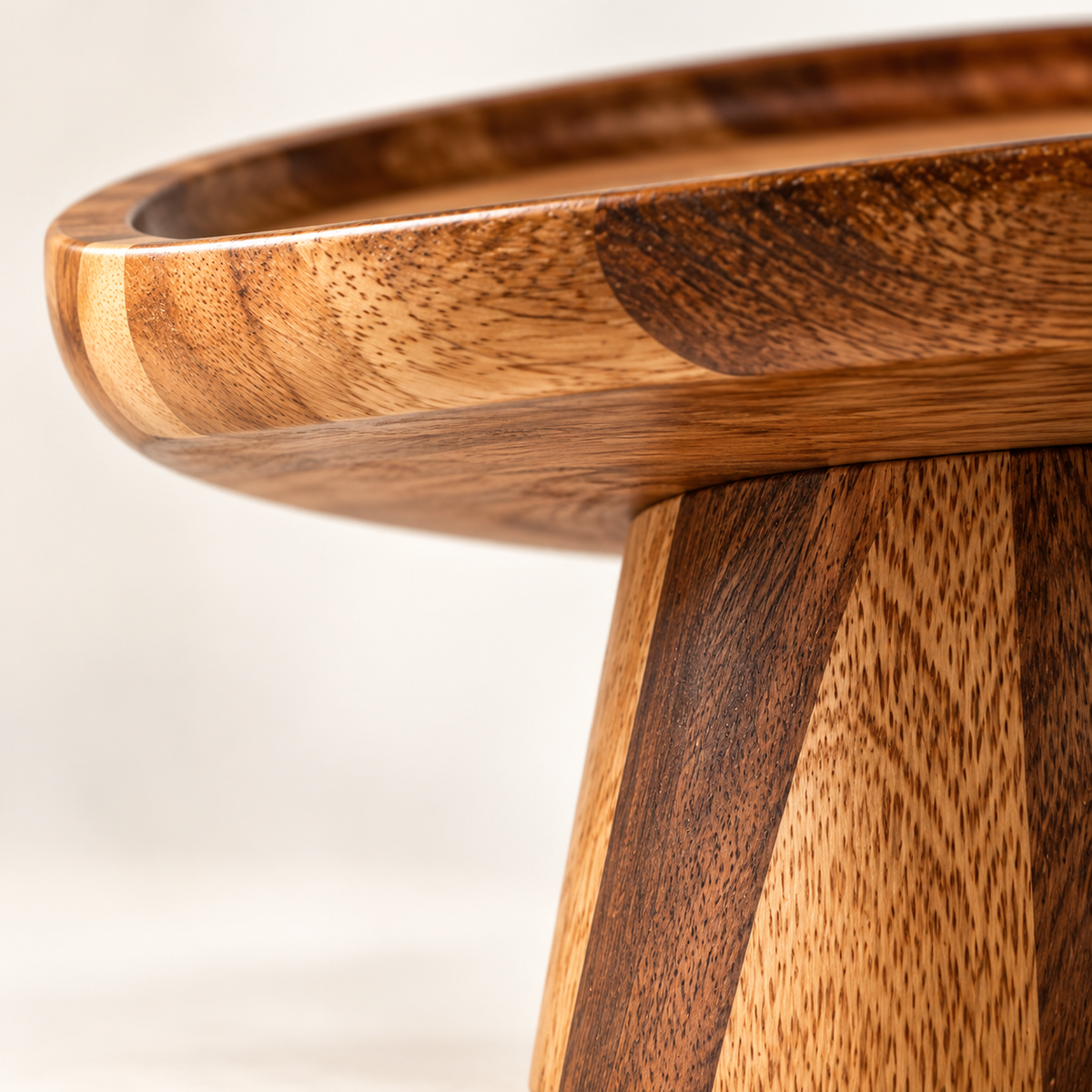 Acacia dessert server close detail of the raised tray rim, underside and pedestal woodgrain.