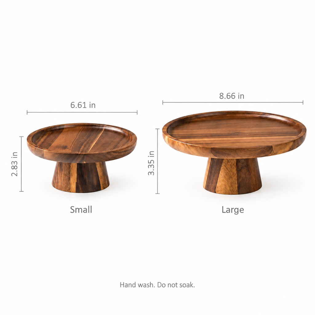 Acacia dessert server sizes: small 6.61 in diameter × 2.83 in high; large 8.66 in diameter × 3.35 in high.