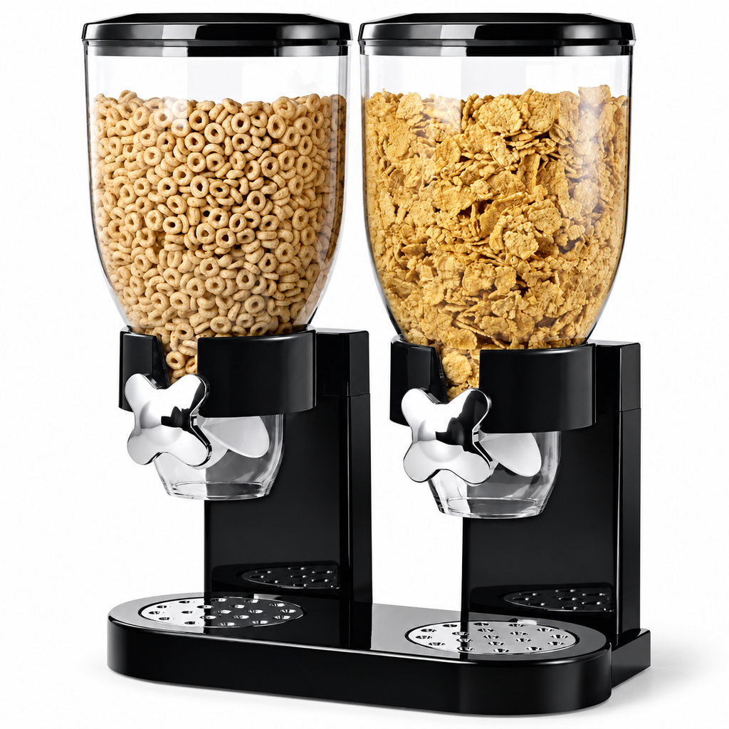 Black twin-canister dispenser on white. Cereal is a styling prop and is not included.