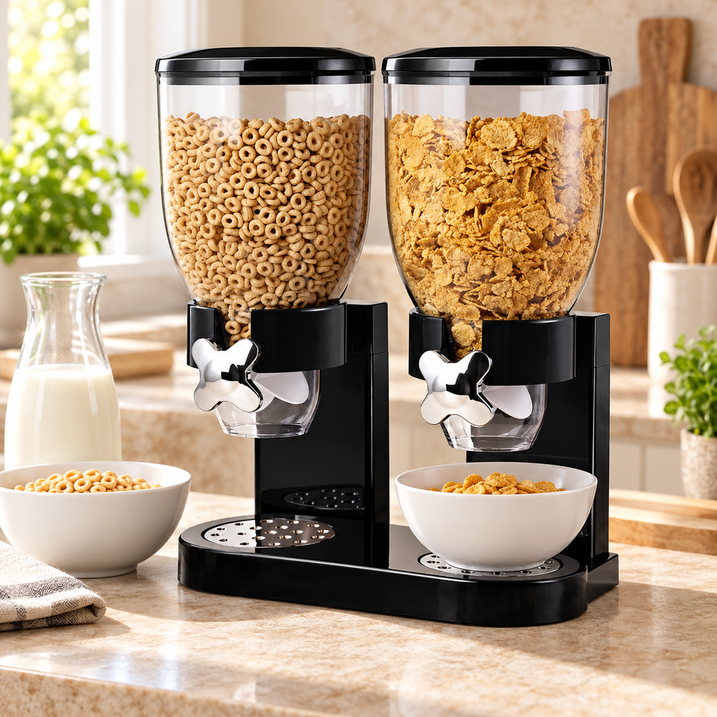 Black twin-canister dispenser on a breakfast counter. Cereal, milk, bowls and styling props are not included.