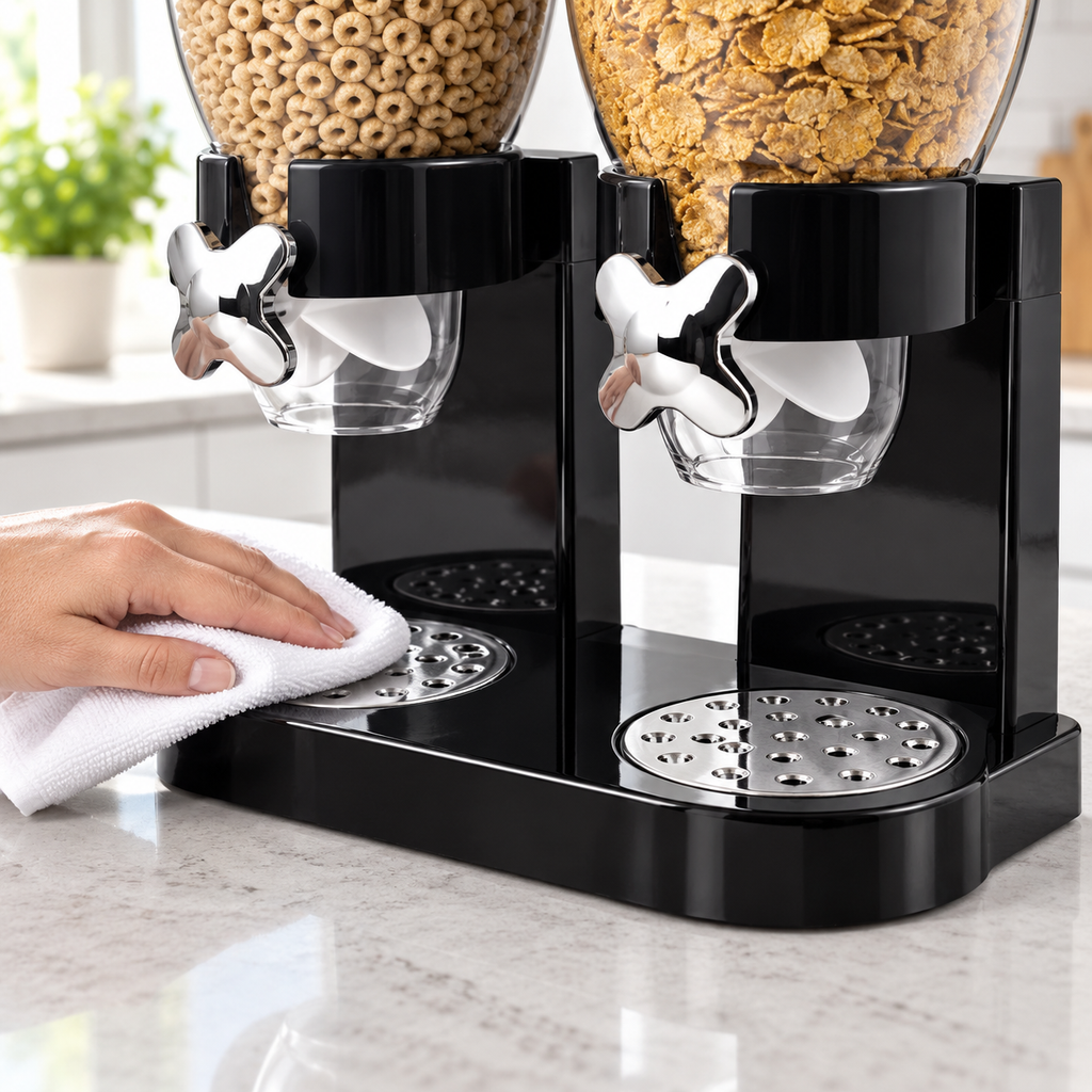 An adult wipes the black dispenser base and perforated discs. Cloth, cereal and other styling props are not included.