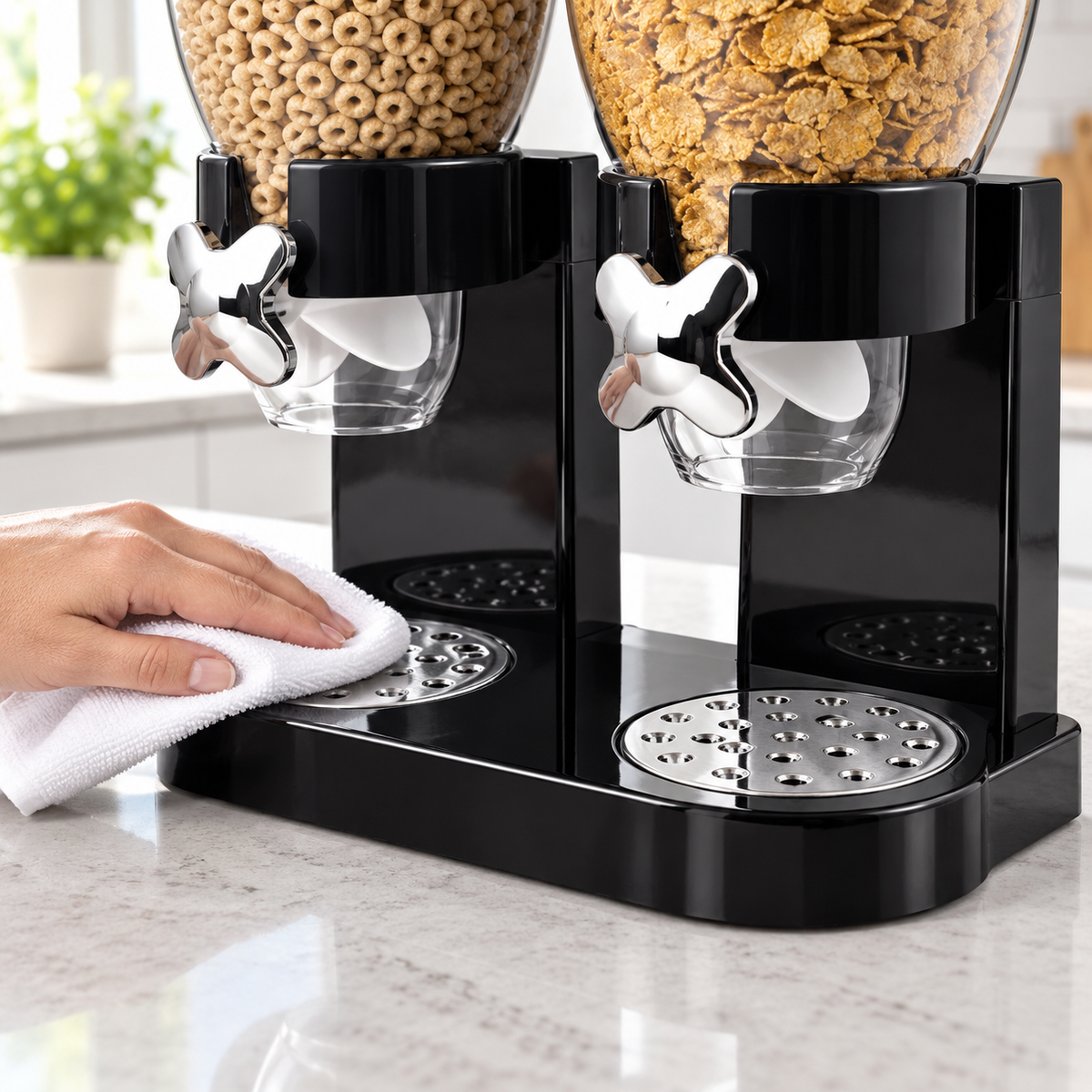 An adult wipes the black dispenser base and perforated discs. Cloth, cereal and other styling props are not included.