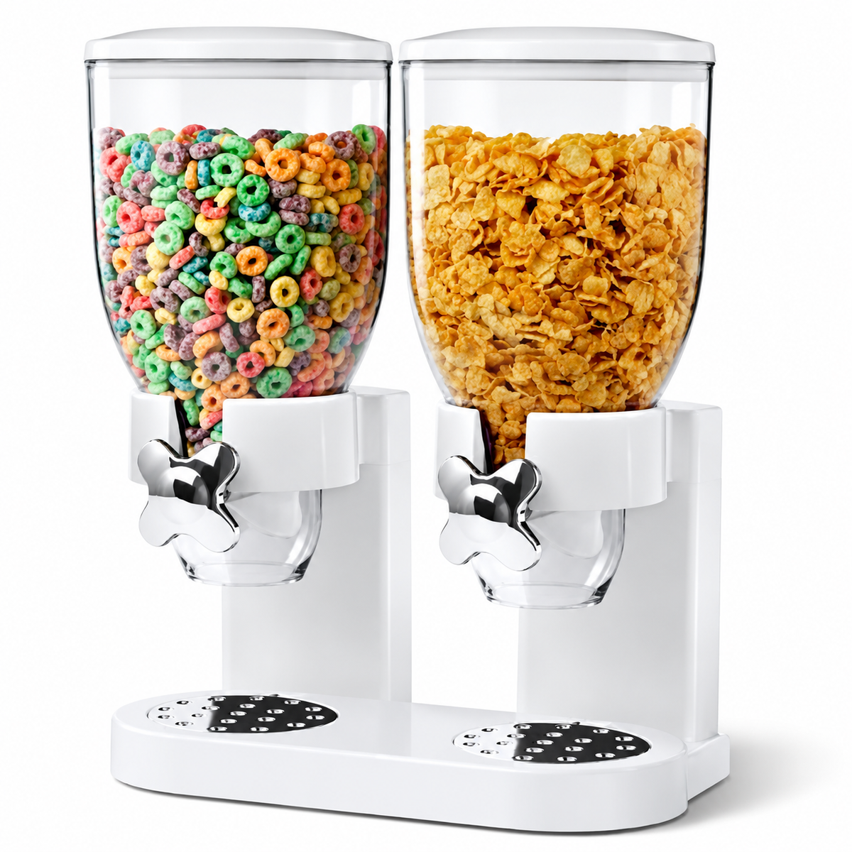 White twin-canister dispenser on white. Cereal is a styling prop and is not included.