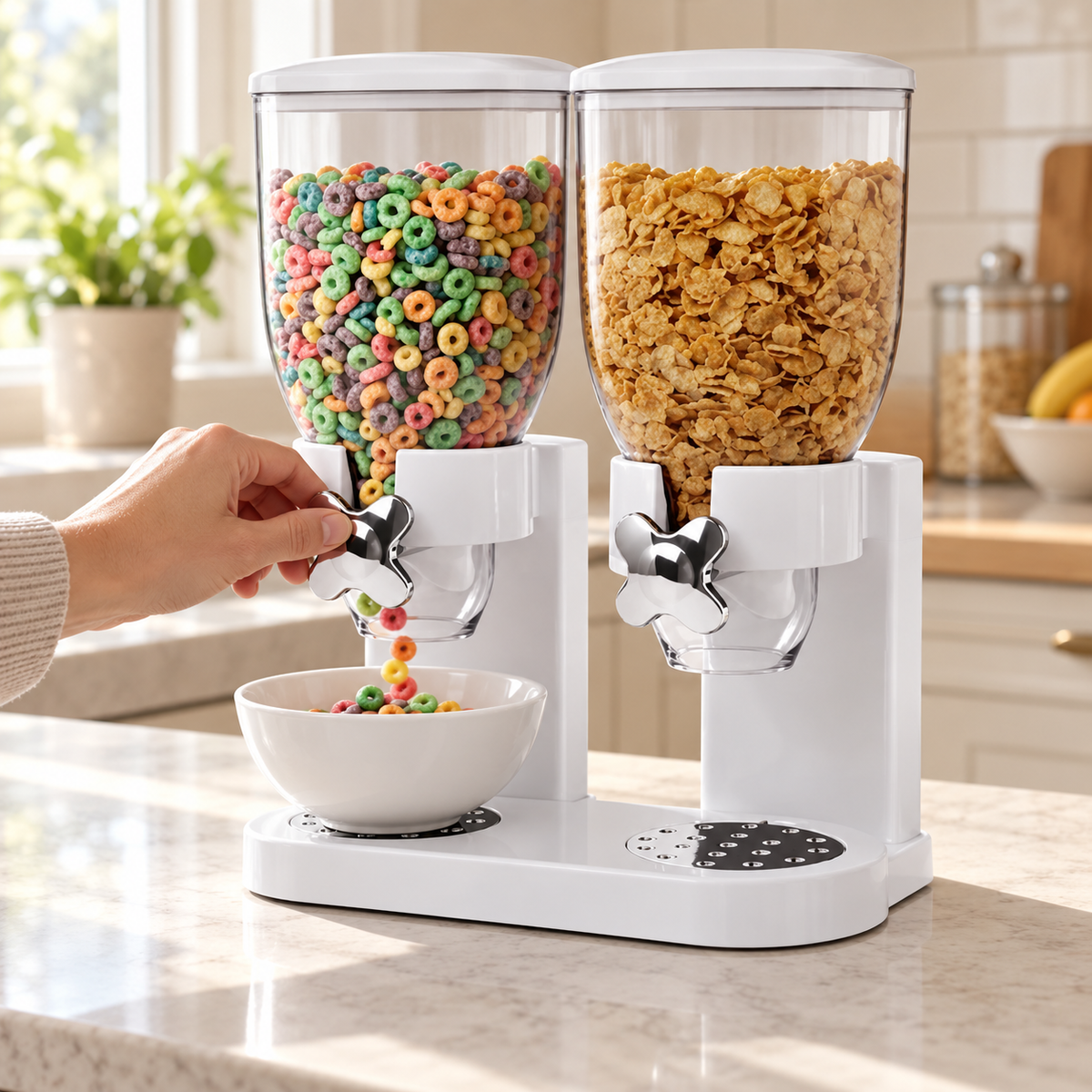 White twin-canister dispenser in use, with the front rotary knob turned to dispense cereal into a bowl. Cereal, bowl and styling props are not included.