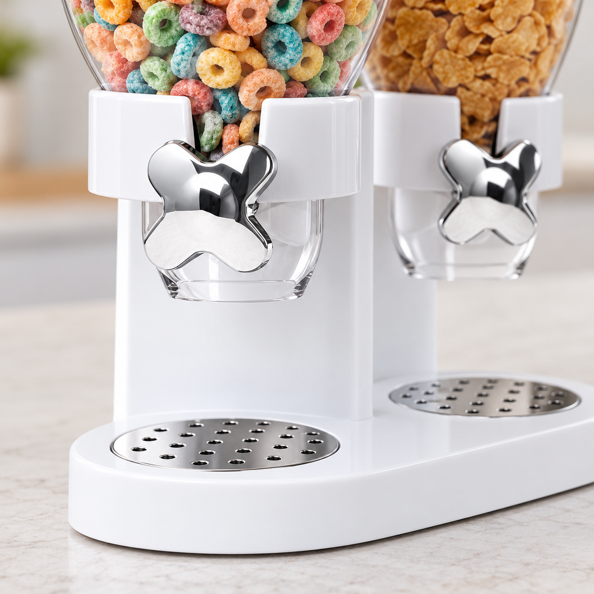 Close detail of the white dispenser rotary knobs, lower clear outlets and perforated base discs. Cereal and styling props are not included.
