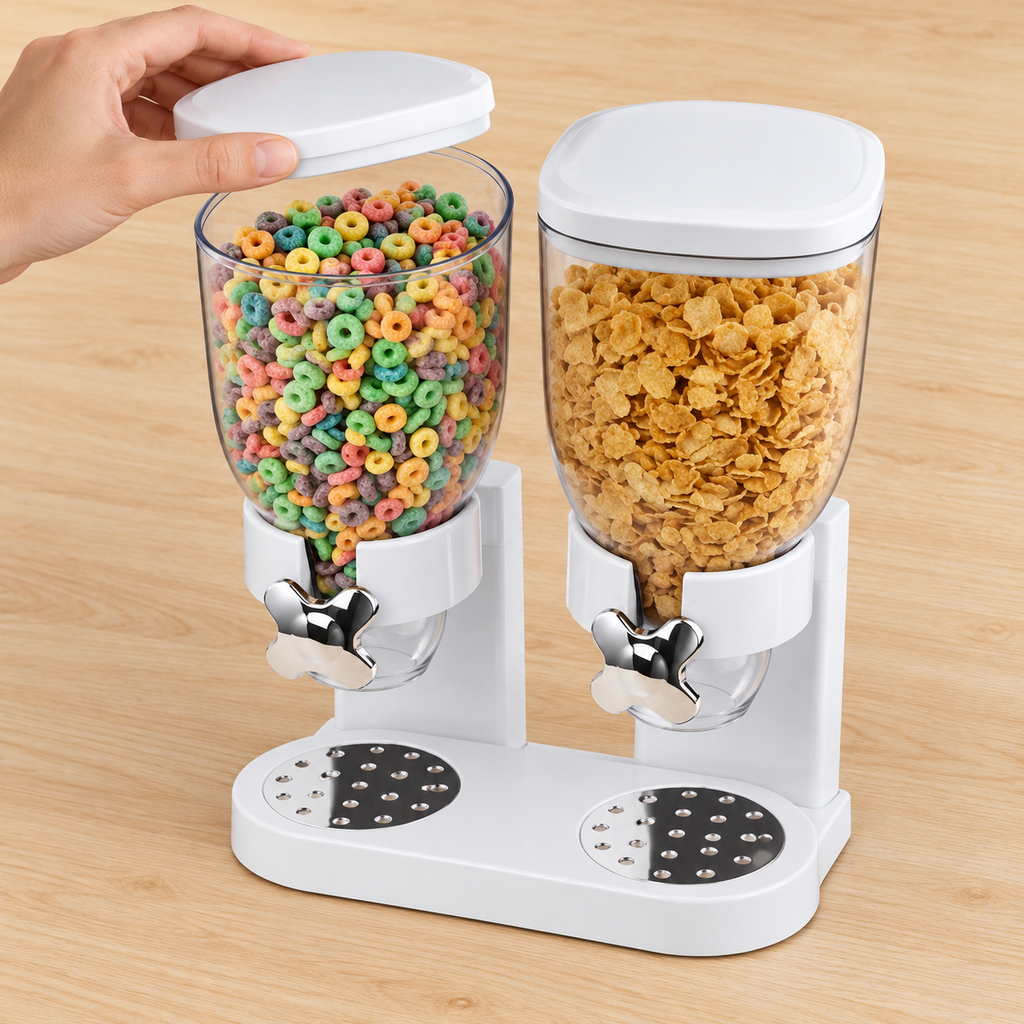 Top view of the white dispenser with one lid being replaced. Cereal and styling props are not included.