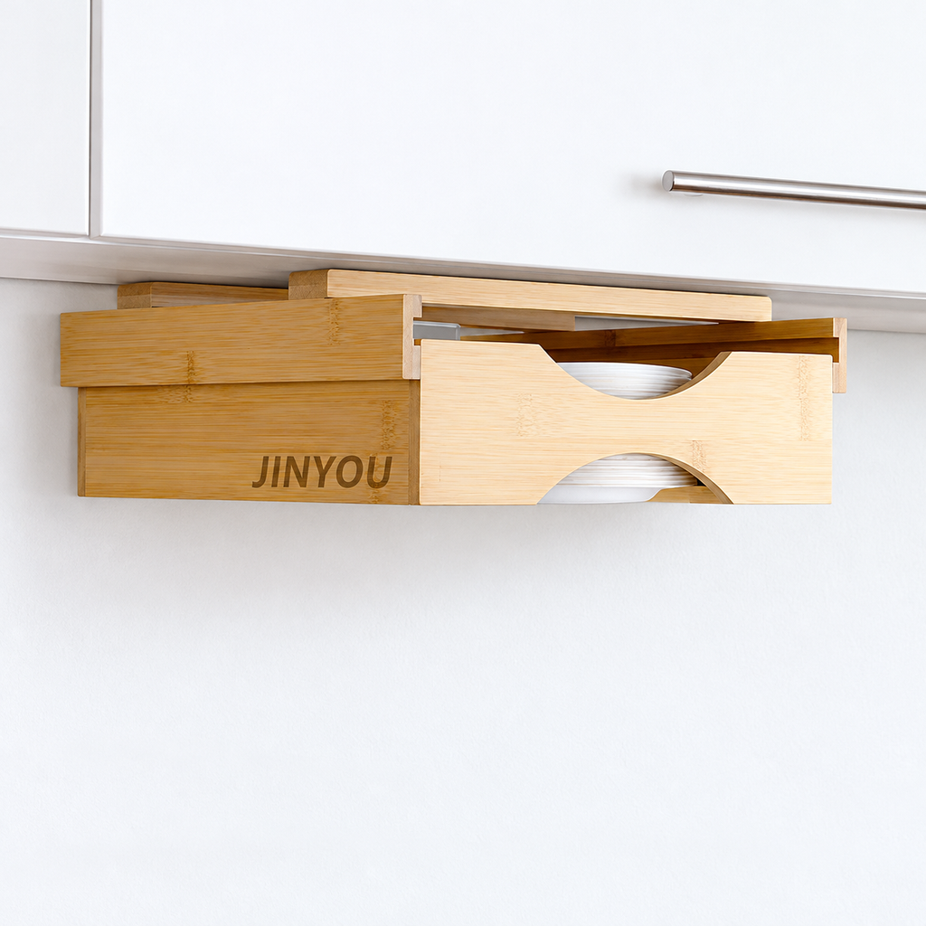 Bamboo under-cabinet paper plate dispenser, hero view; styling accessories not included