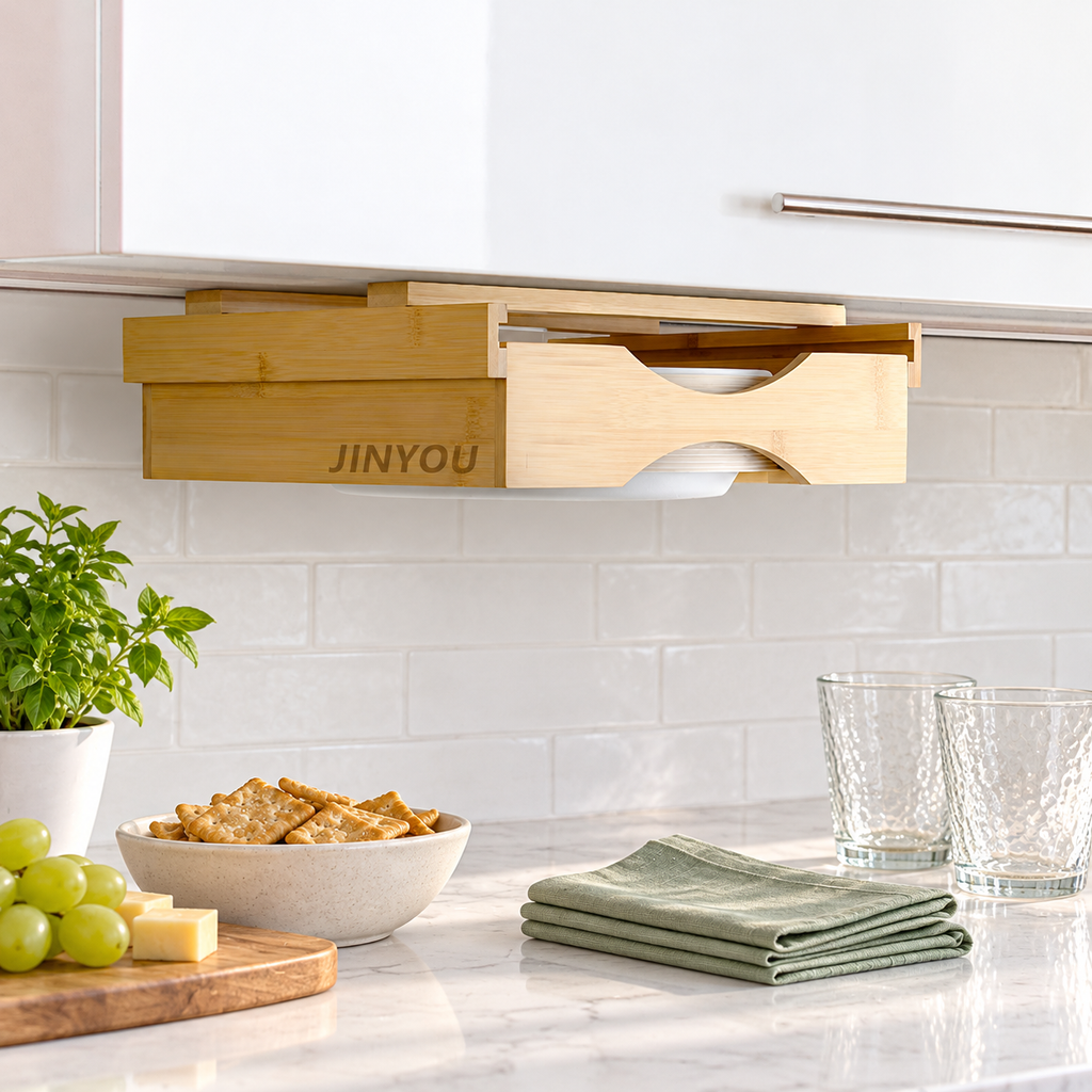 Bamboo under-cabinet paper plate dispenser, hosting view; styling accessories not included