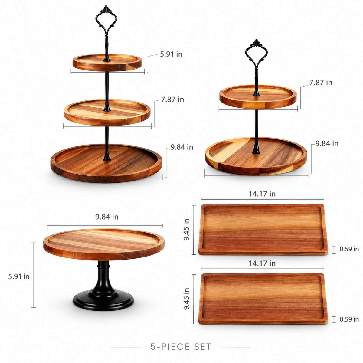 Five-piece acacia display set: three-tier tray diameters 5.91, 7.87, 9.84 in; two-tier diameters 7.87, 9.84 in; pedestal 9.84 in diameter and 5.91 in high; two rectangular trays each 14.17 x 9.45 x 0.59 in.