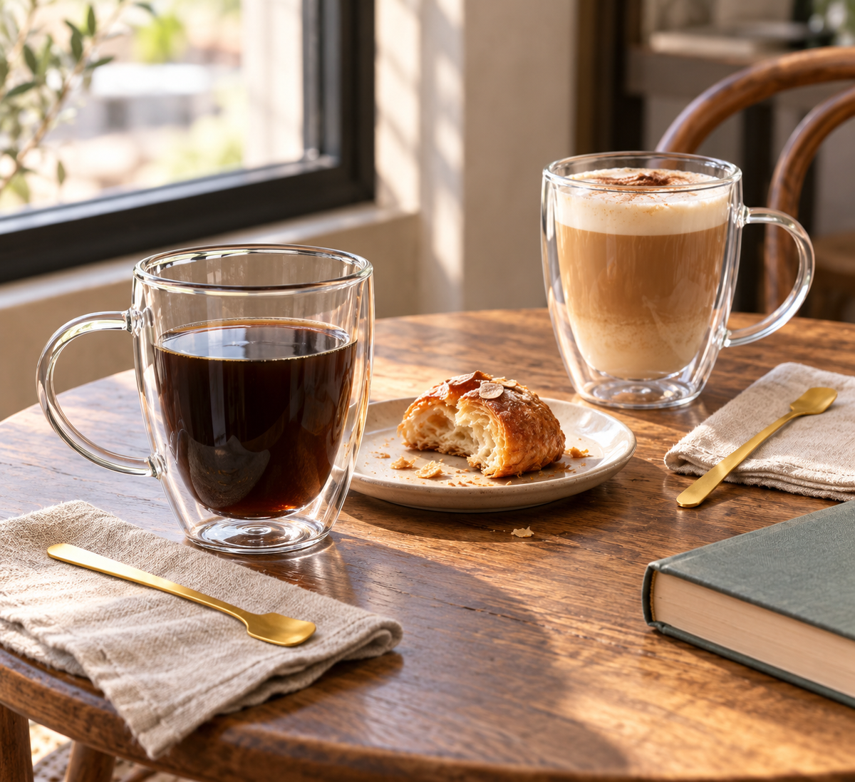 Double-walled glass mugs at a two-person breakfast table; styling props not included