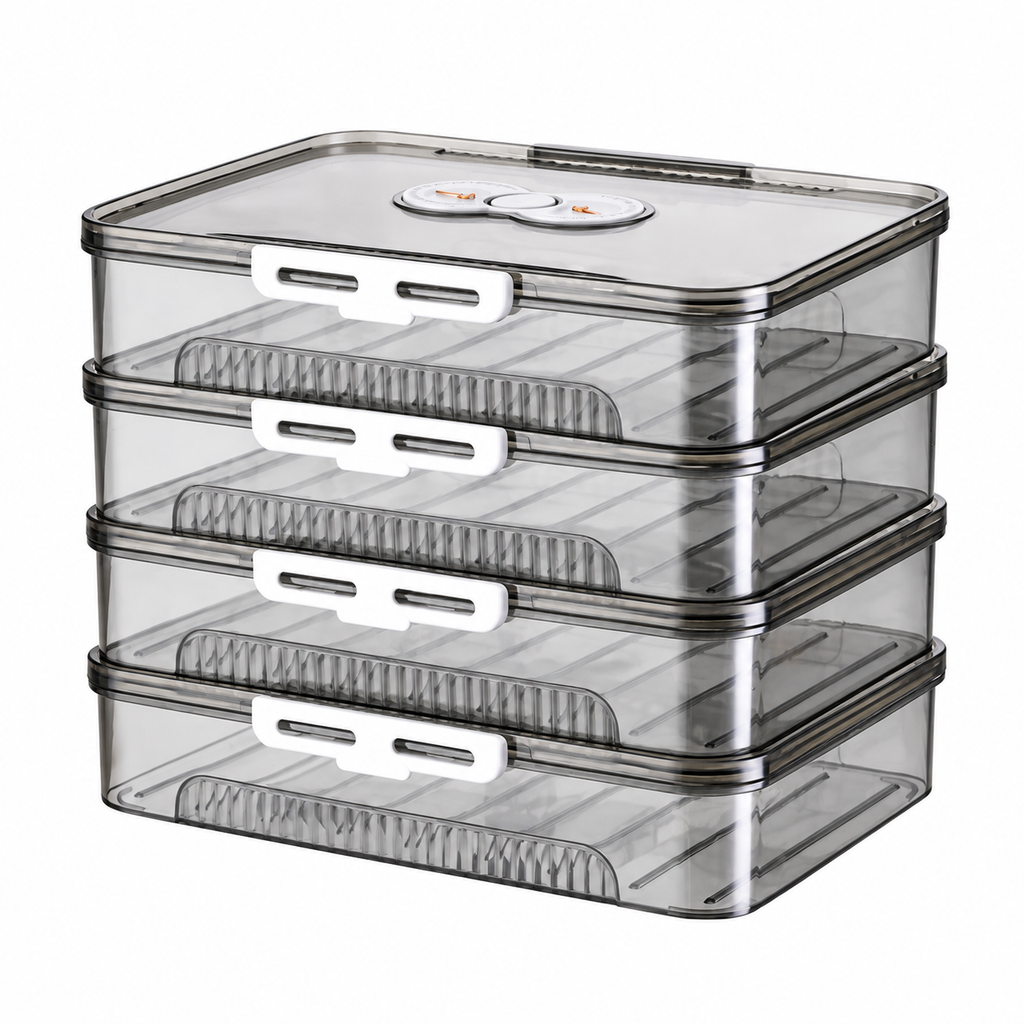 Gray four-tier dumpling freezer box on white background