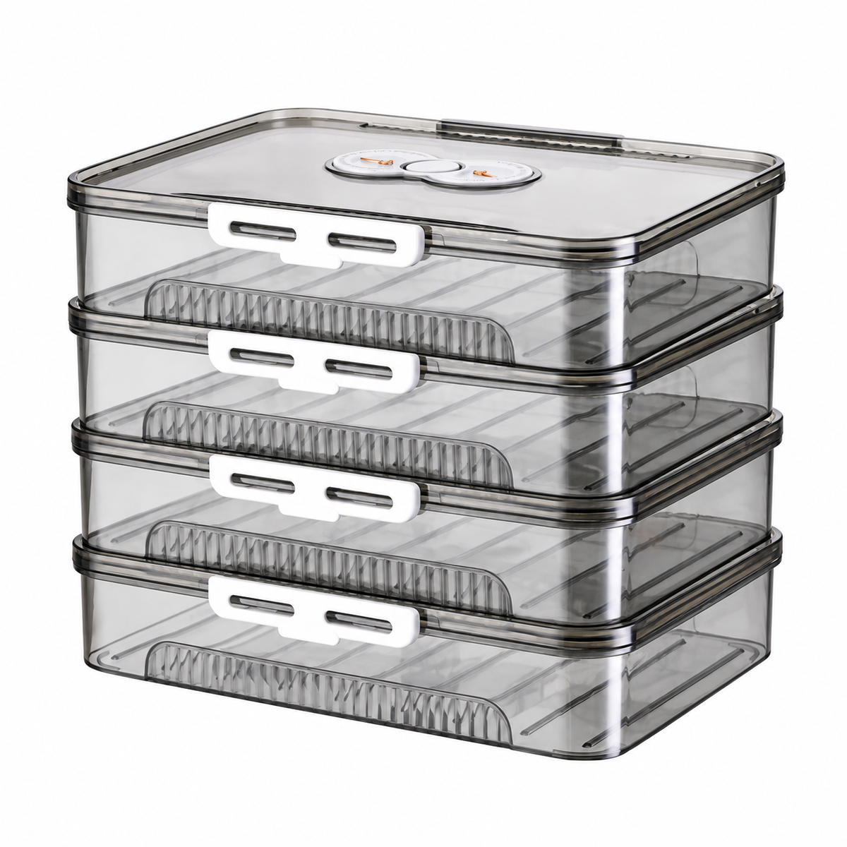 Gray four-tier dumpling freezer box on white background