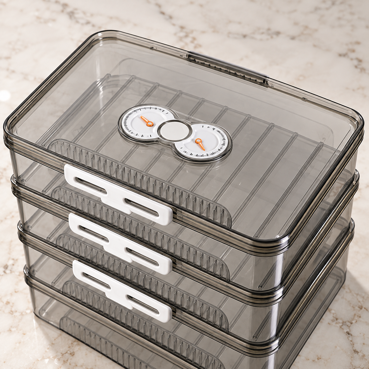 Gray box top lid showing its two circular reminder dials