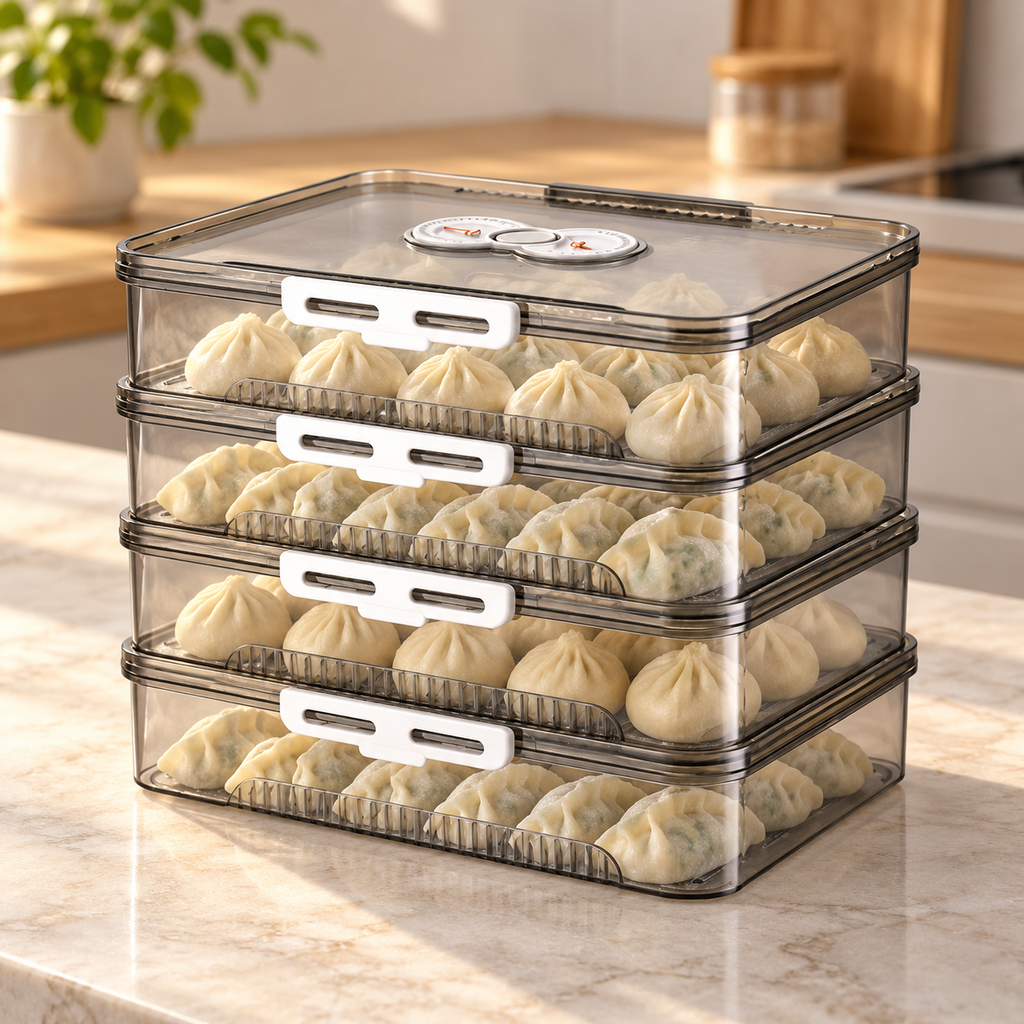 Four-tier gray box holding dumplings on kitchen counter