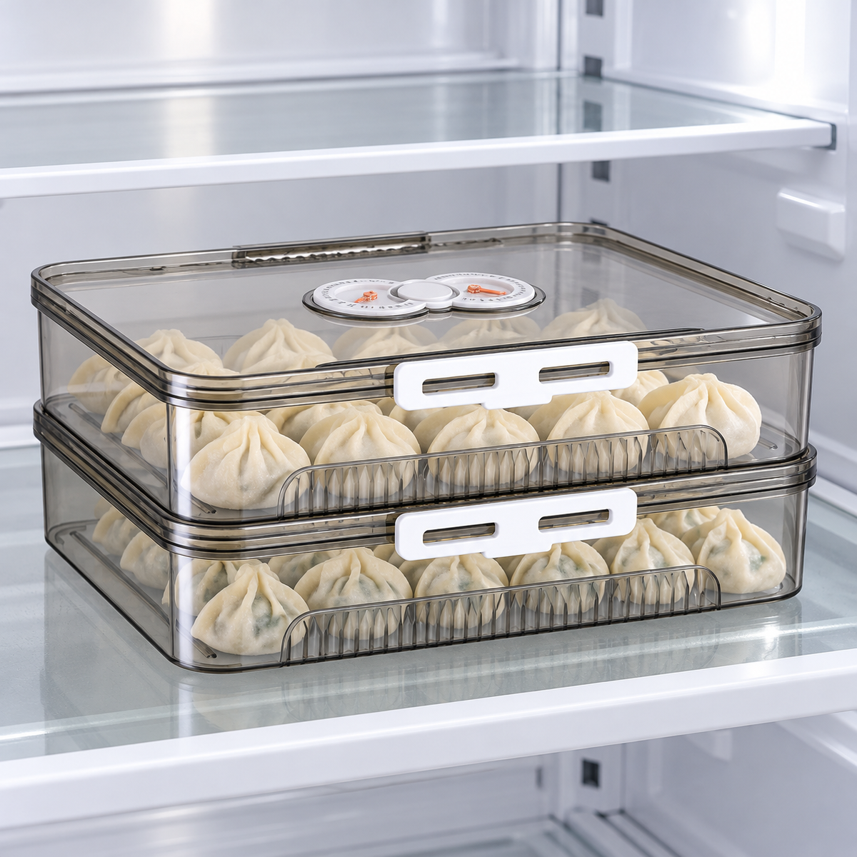 Two-tier gray dumpling box on refrigerator shelf