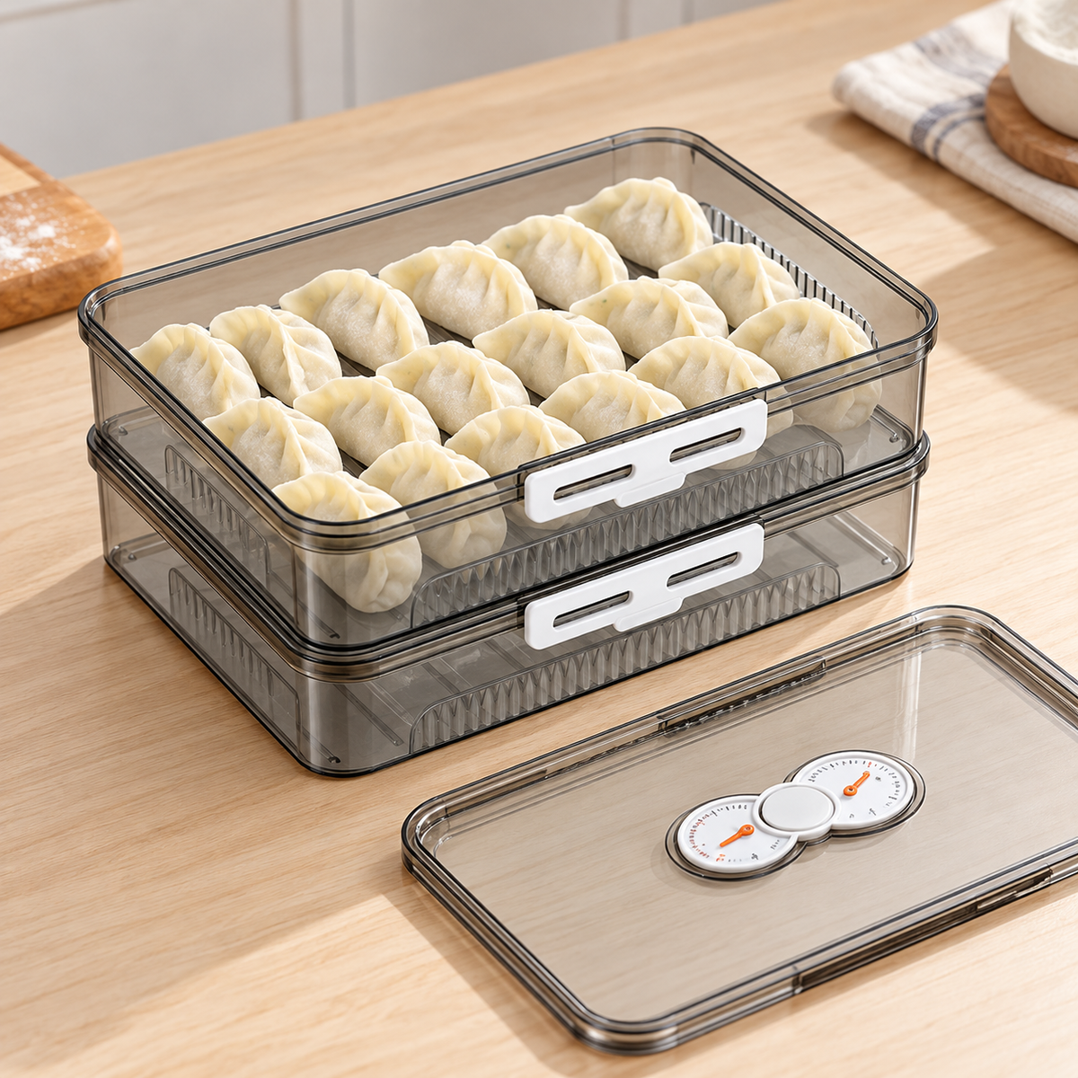 Two-tier gray dumpling box with top lid removed