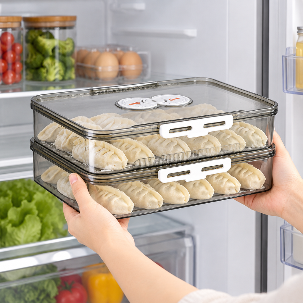 Hands holding two-tier gray dumpling box in front of refrigerator