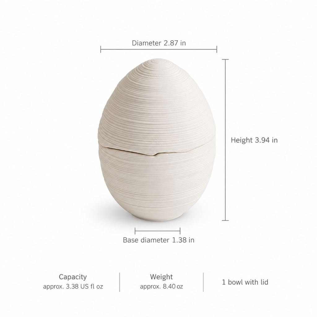 Diameter 2.87 in; Height 3.94 in; Base diameter 1.38 in; Capacity approx. 3.38 US fl oz; Weight approx. 8.40 oz; 1 bowl with lid