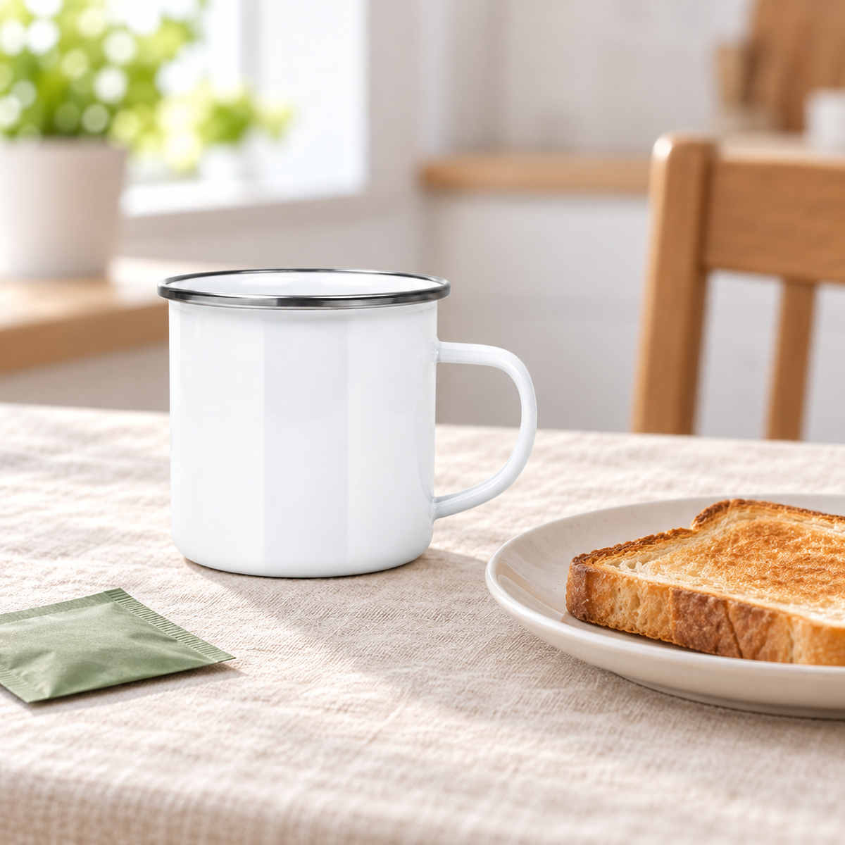 White enamel mug with silver-colour rim – breakfast view; set contains 16 mugs