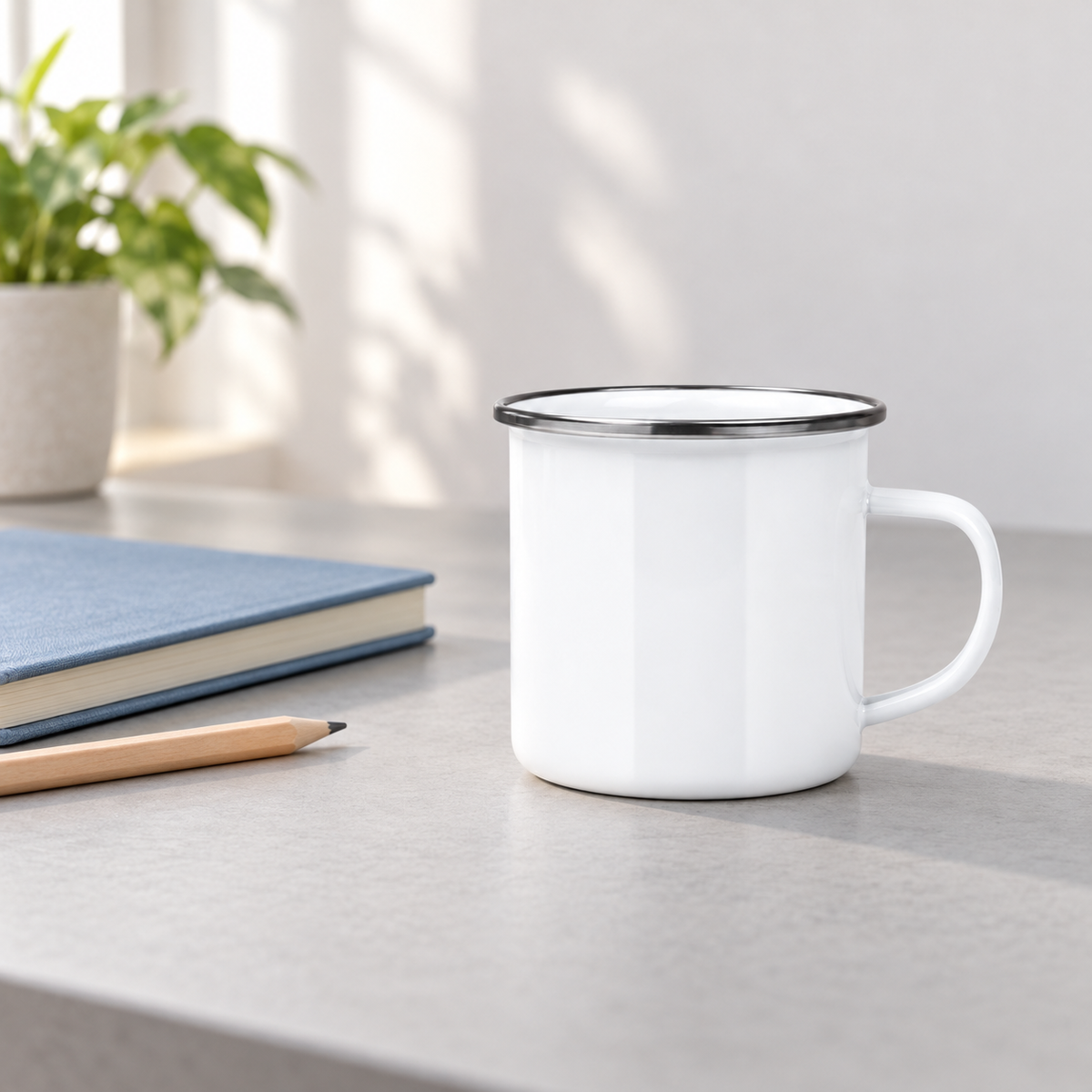 White enamel mug with silver-colour rim – desk view; set contains 16 mugs