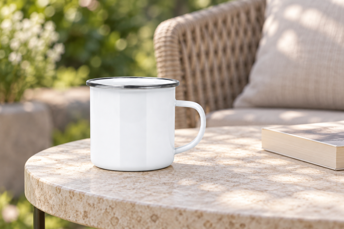 White enamel mug with silver-colour rim – garden view; set contains 16 mugs