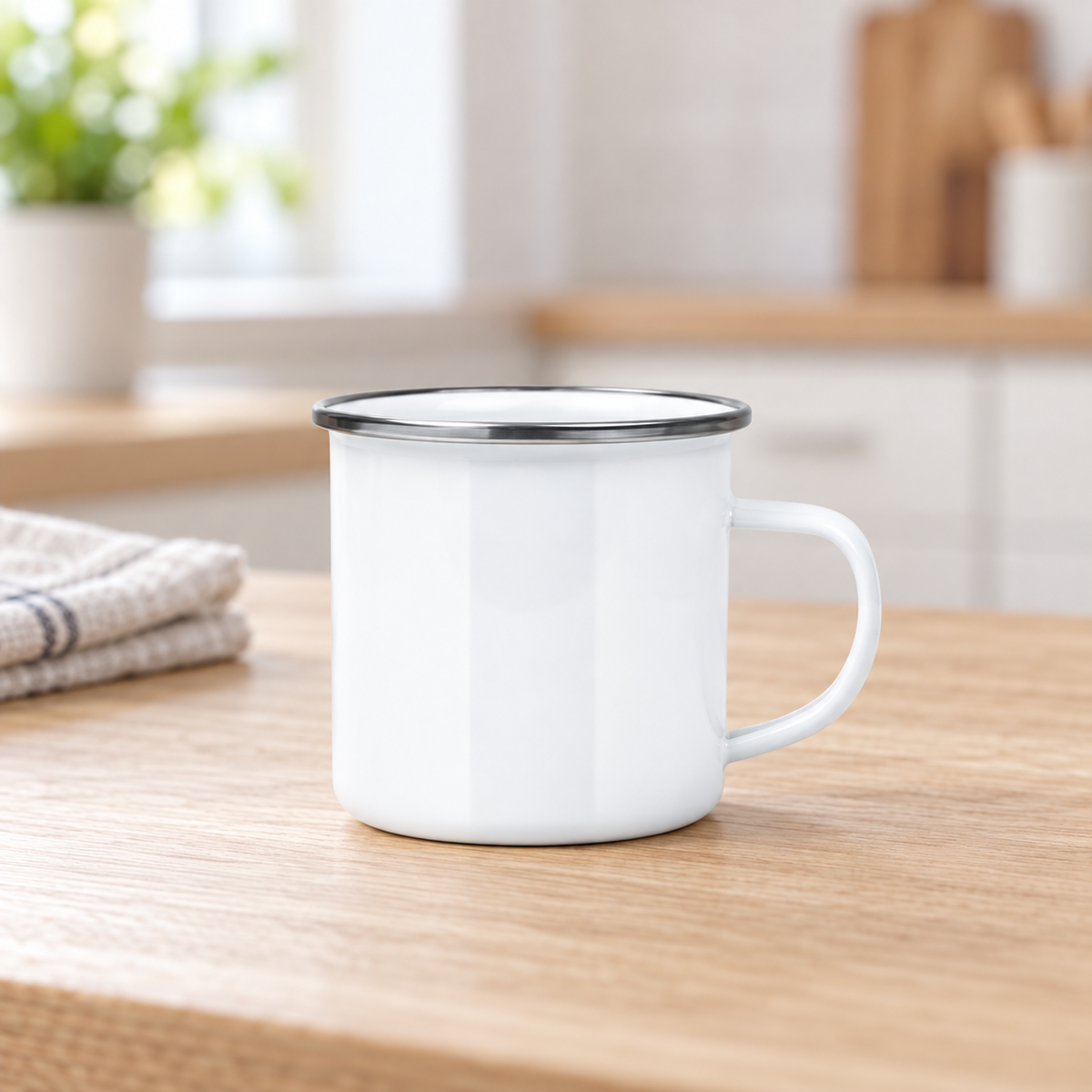 White enamel mug with silver-colour rim – kitchen view; set contains 16 mugs
