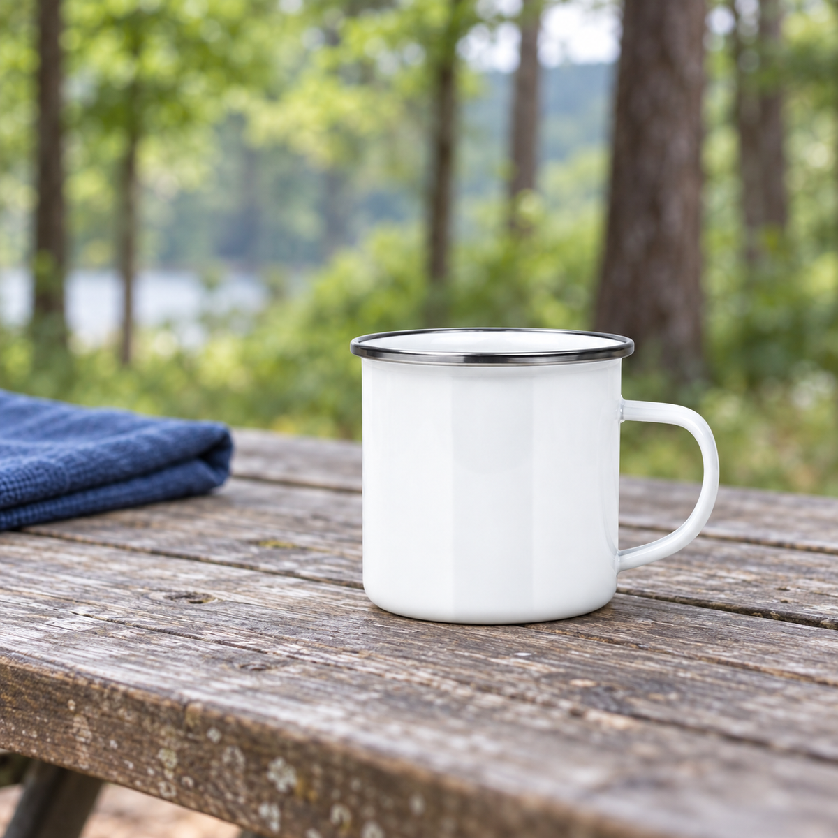 White enamel mug with silver-colour rim – outdoor view; set contains 16 mugs
