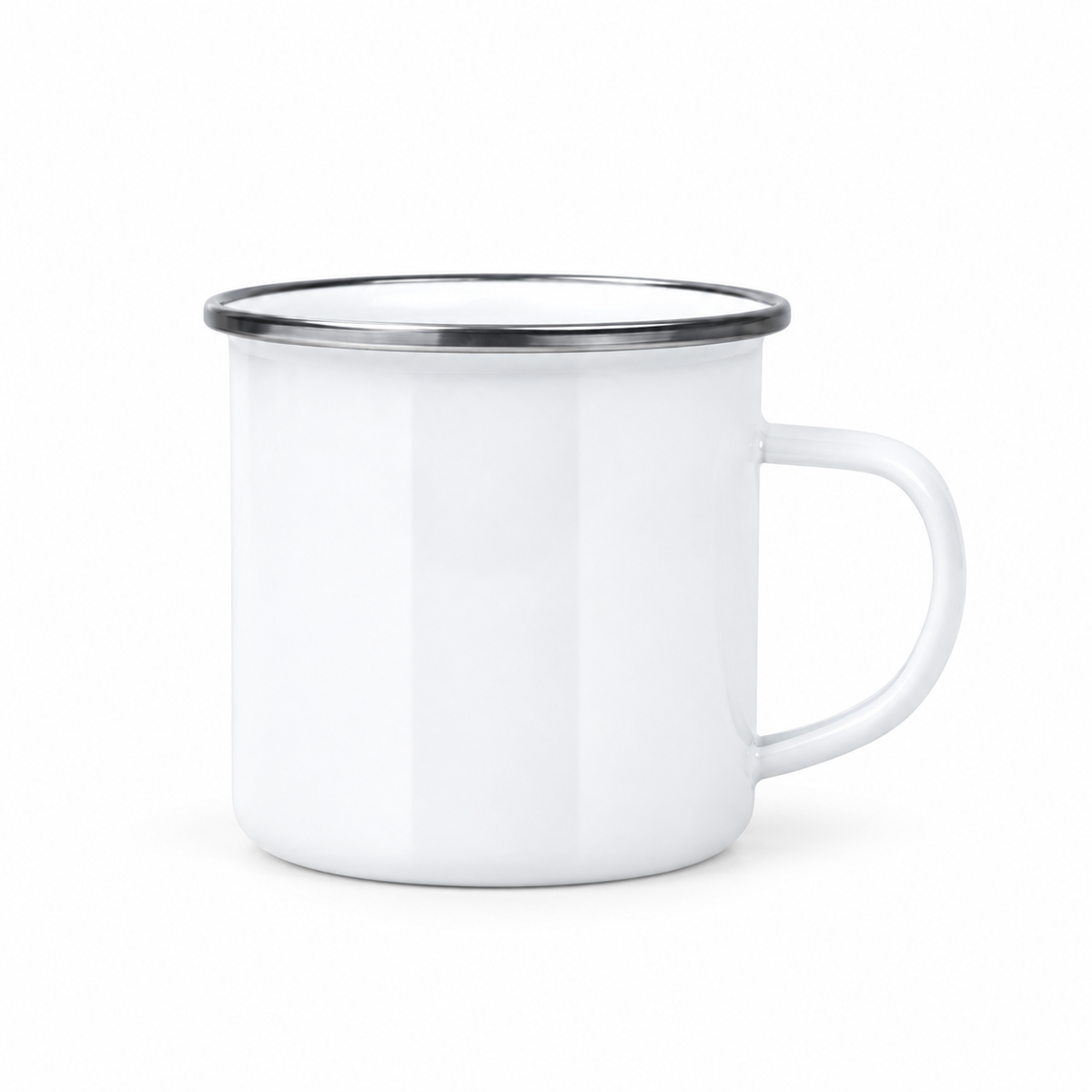 White enamel mug with silver-colour rim – white view; set contains 16 mugs