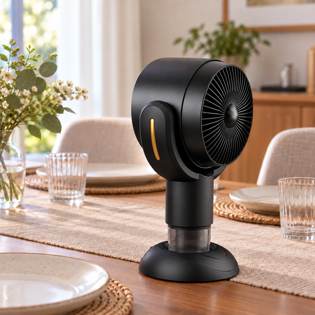 AI-generated product illustration: Black Gold closed rear exterior; styling props not included