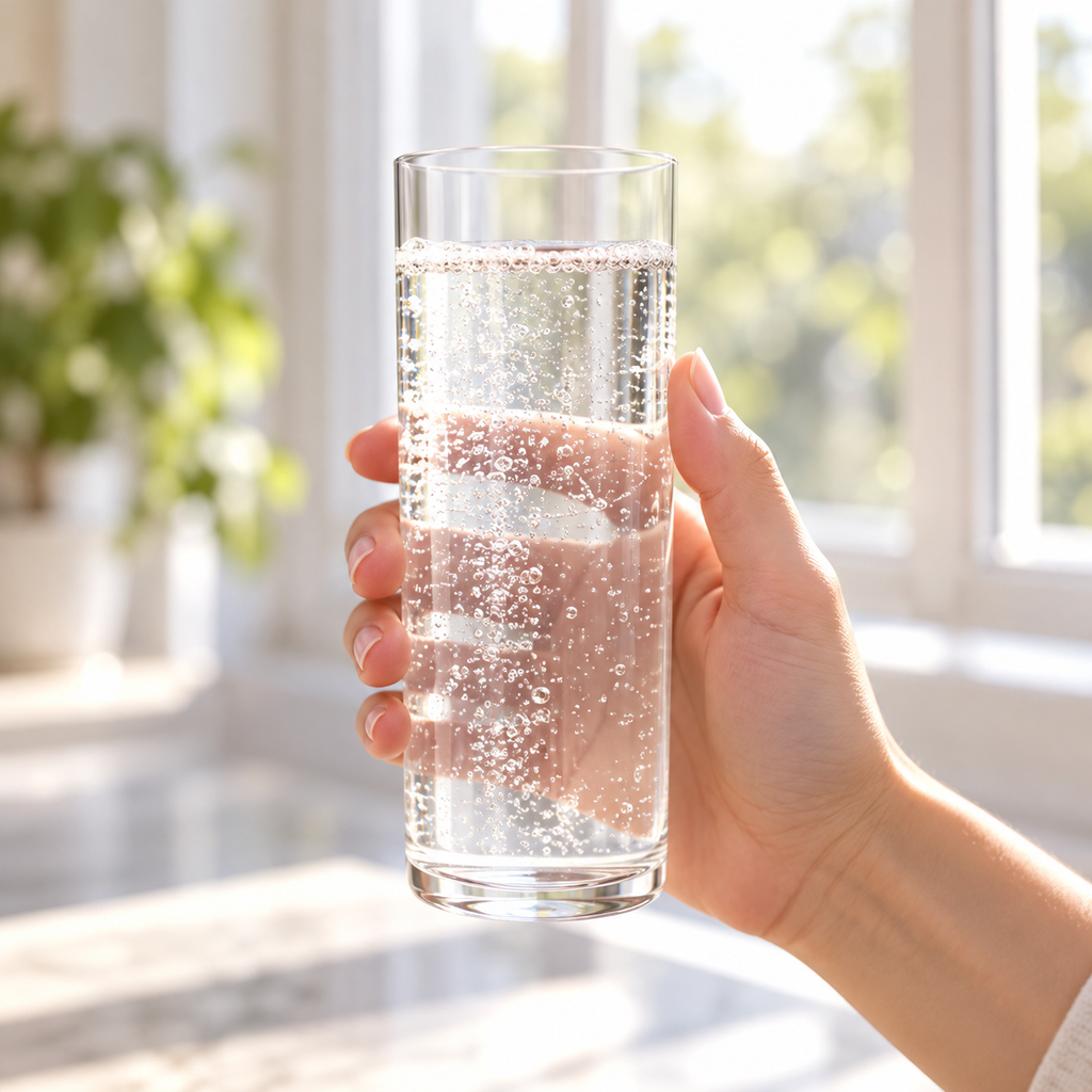 Hand holding medium-height cylindrical tumbler with sparkling water