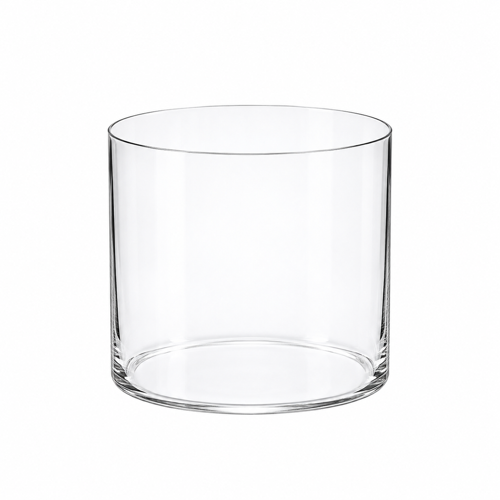 Short ultra-thin cylindrical clear tumbler on white