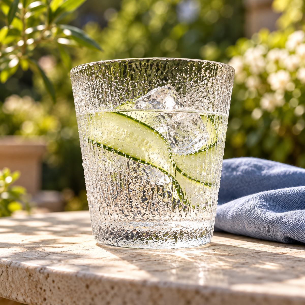 Frosty textured tumbler with cucumber sparkling water on a garden table