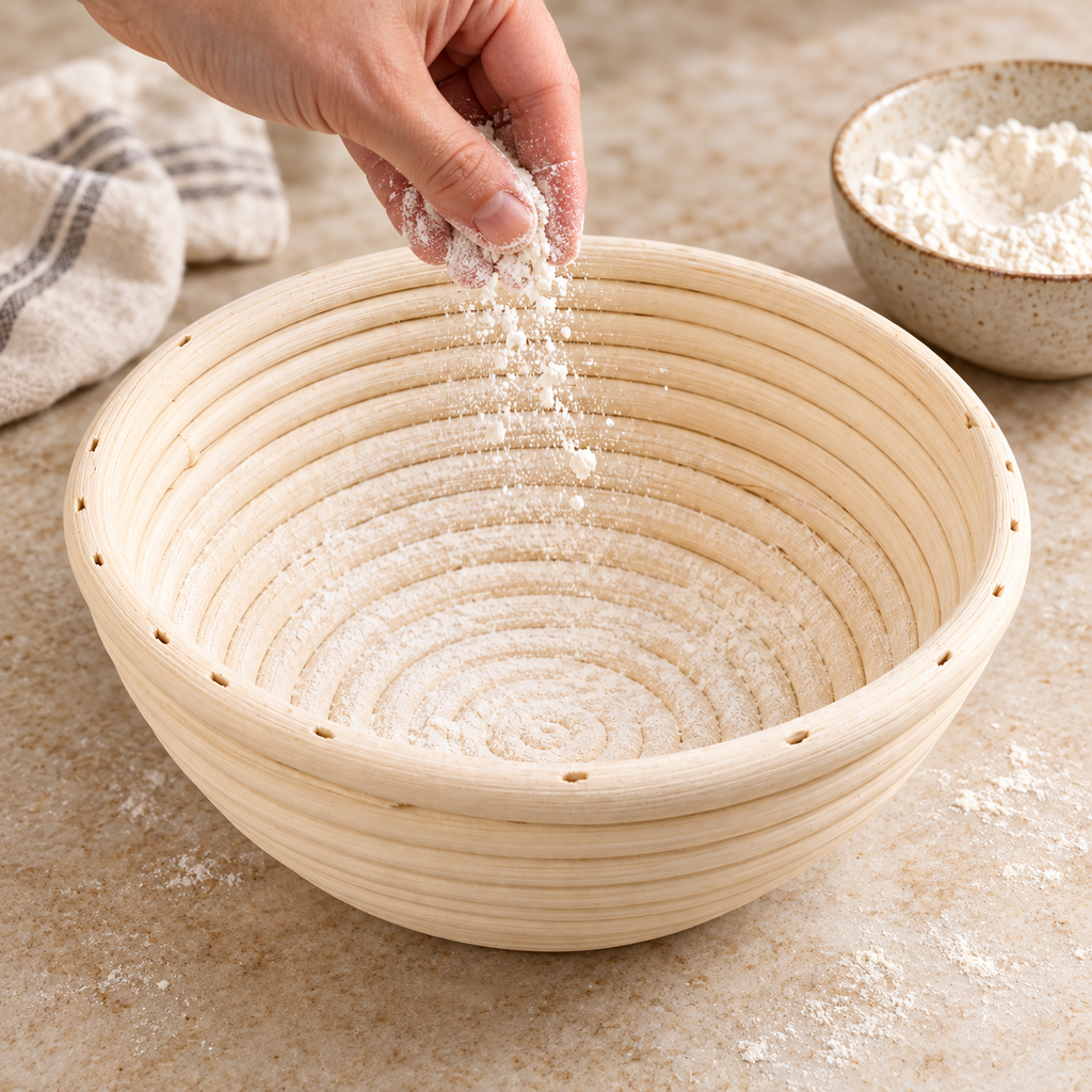 Hand dusting the round rattan proofing basket with flour