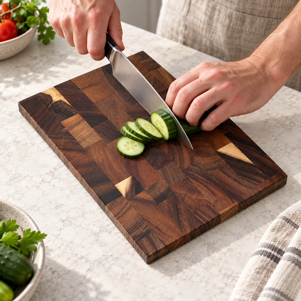Hands slicing cucumber on the compact walnut cutting board
