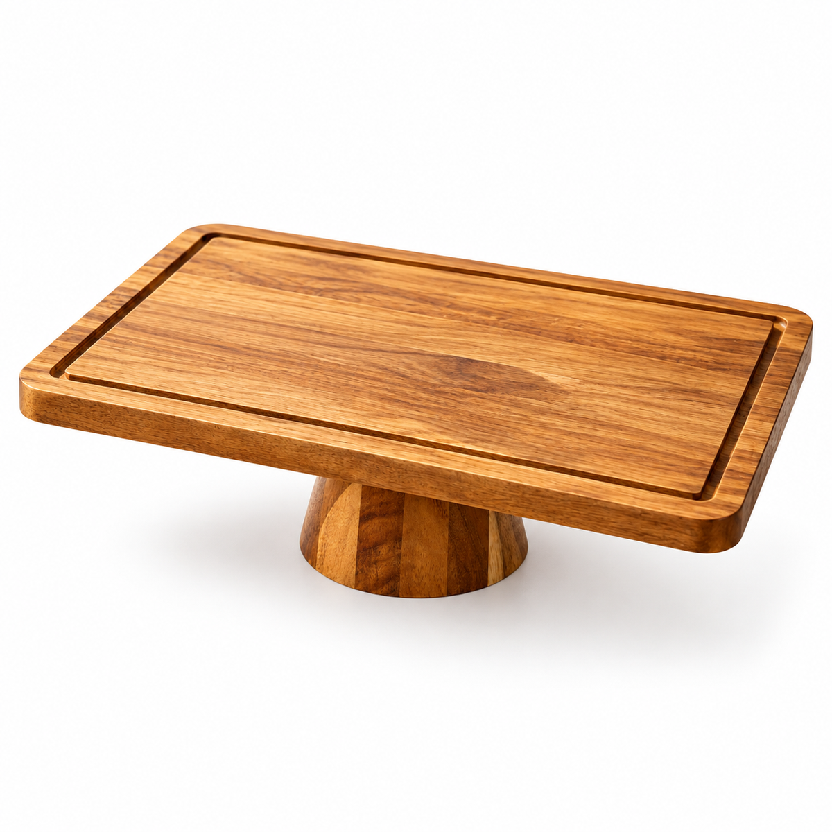 Complete rectangular acacia pedestal platter on white