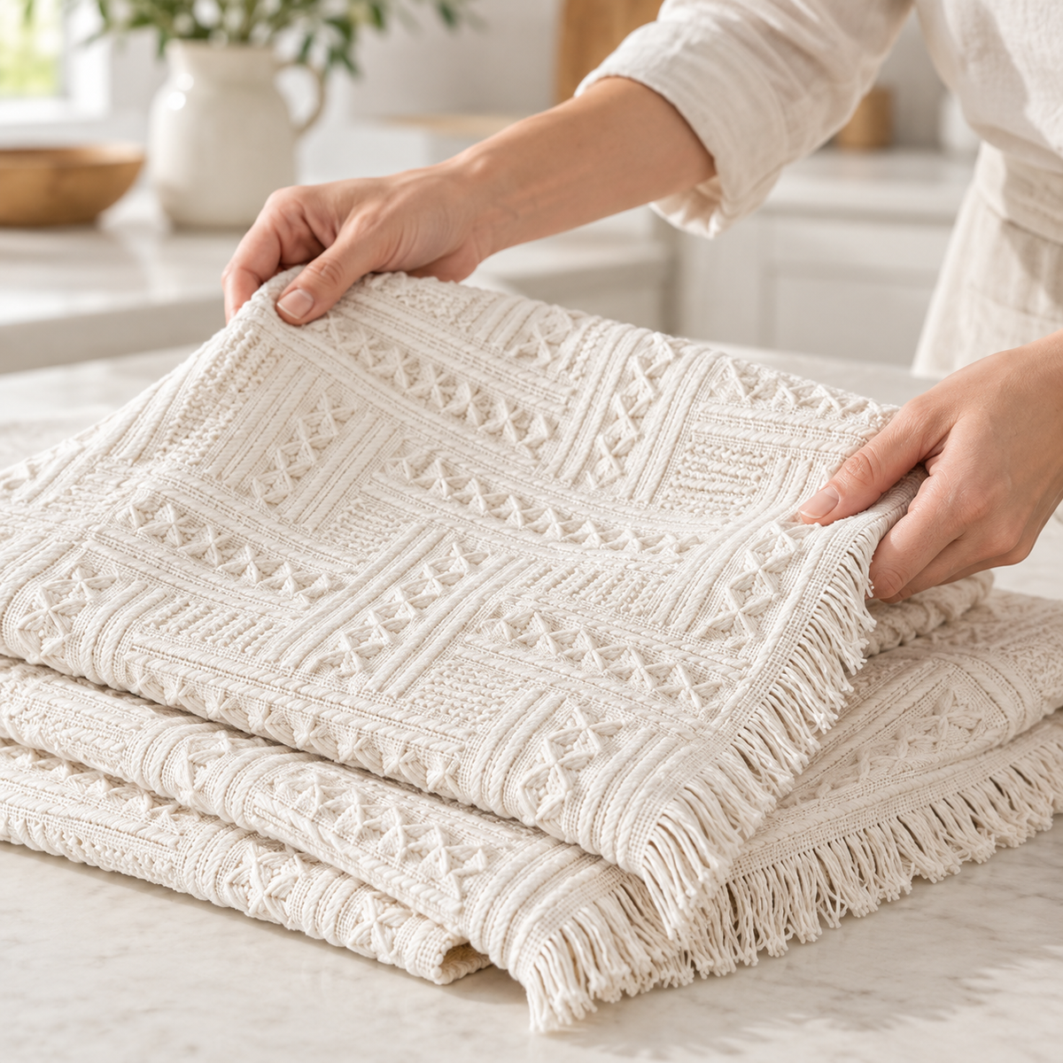 Hands folding the off-white geometric T-type tablecloth
