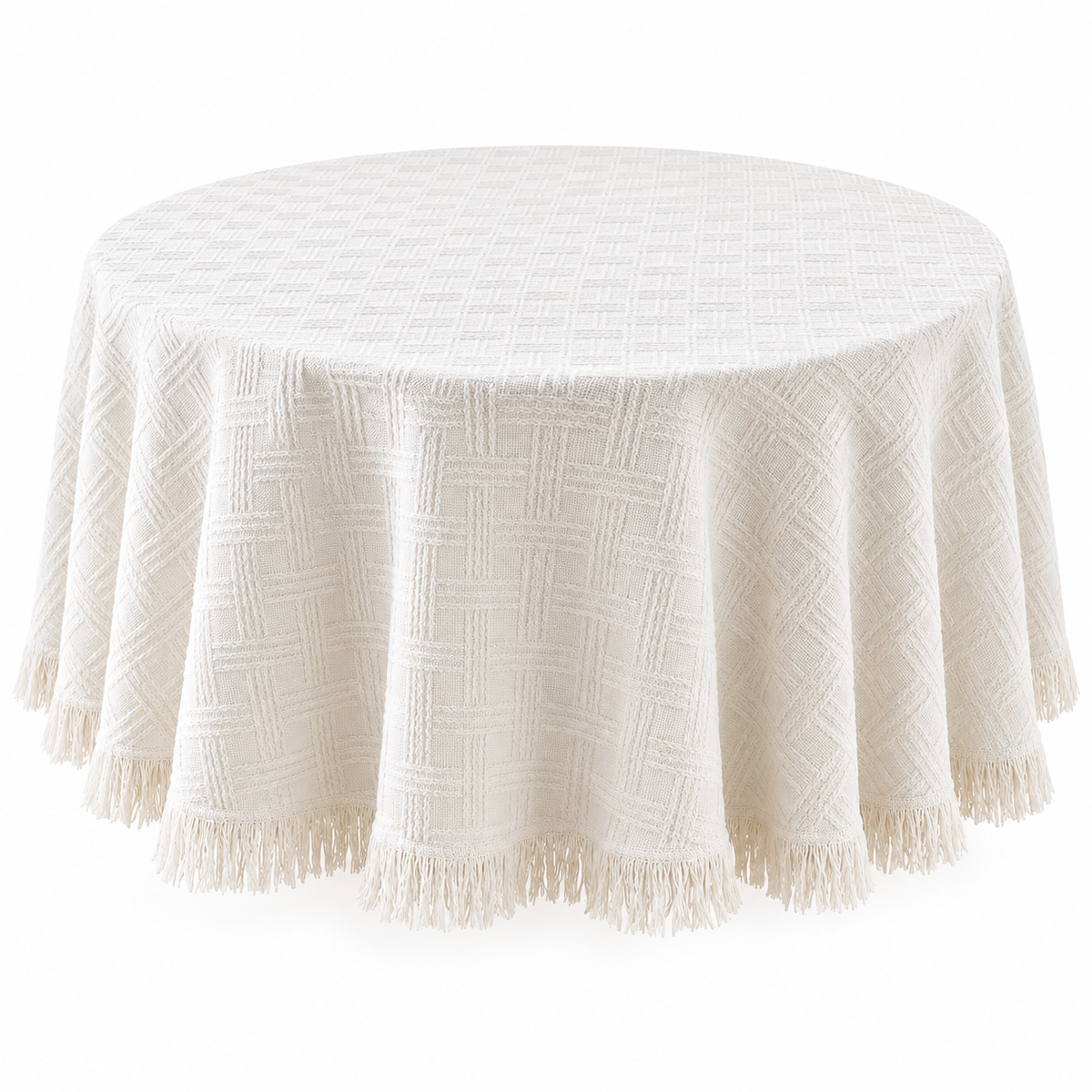 Off-white grid tablecloth draped over a round table on white